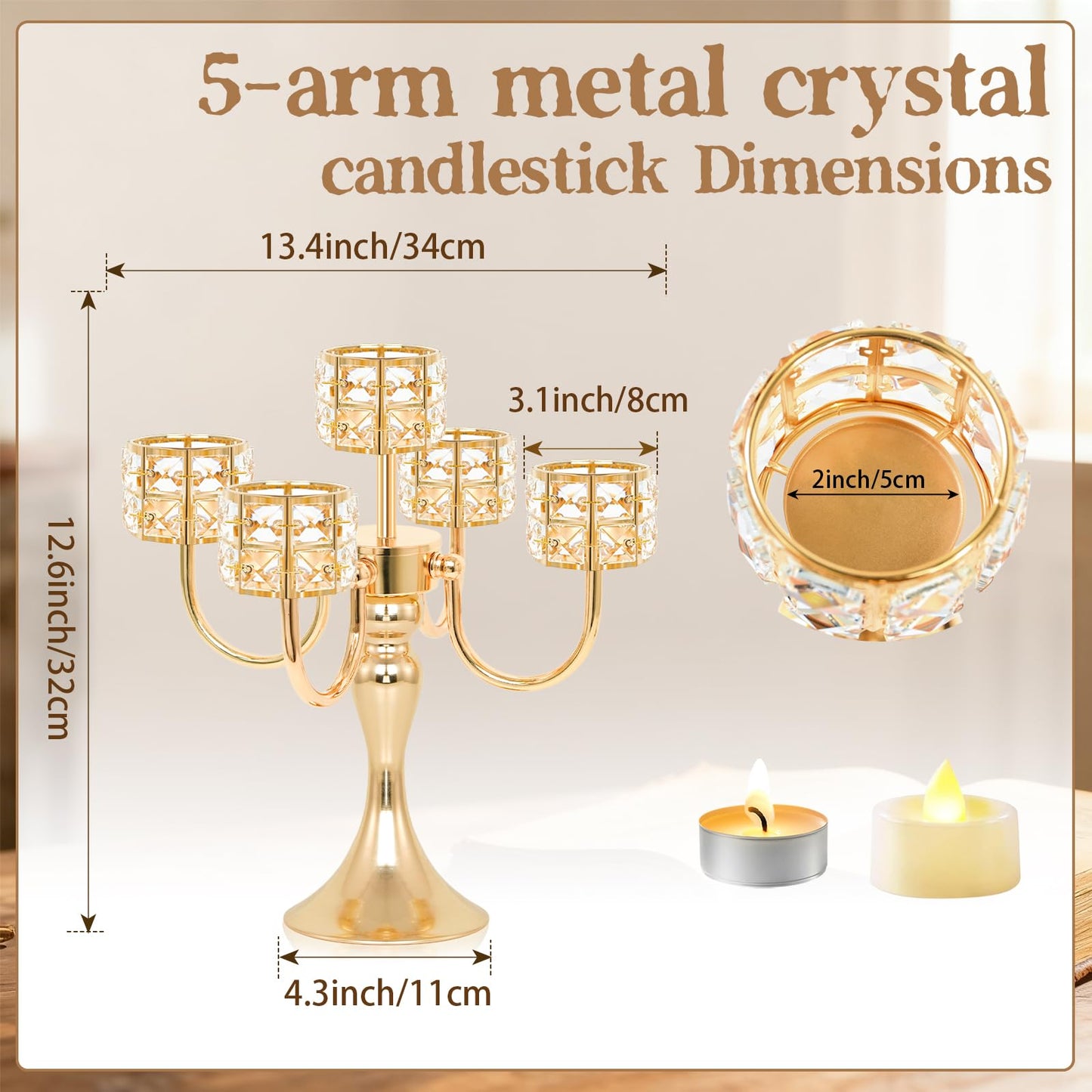 5 Arm Metal Crystal Candelabra Centerpiece - 13.4 Inch Elegant Candle Holder with Crystal Beads for Wedding Party Christmas Home Dining Table Decoration (2, Style-B-Gold)