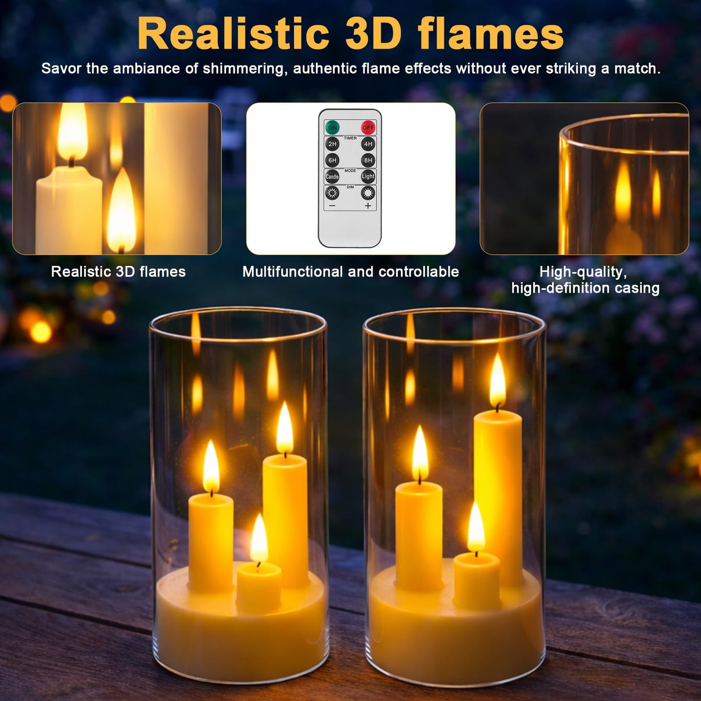 Eynshoo Flameless 3-in-1 Cone Candle with Remote & Timer, Battery-Operated LED Candle with 3D Flickering Wick, Acrylic,for Home Decor, Holiday Parties & Wedding Centerpieces(2pcs)