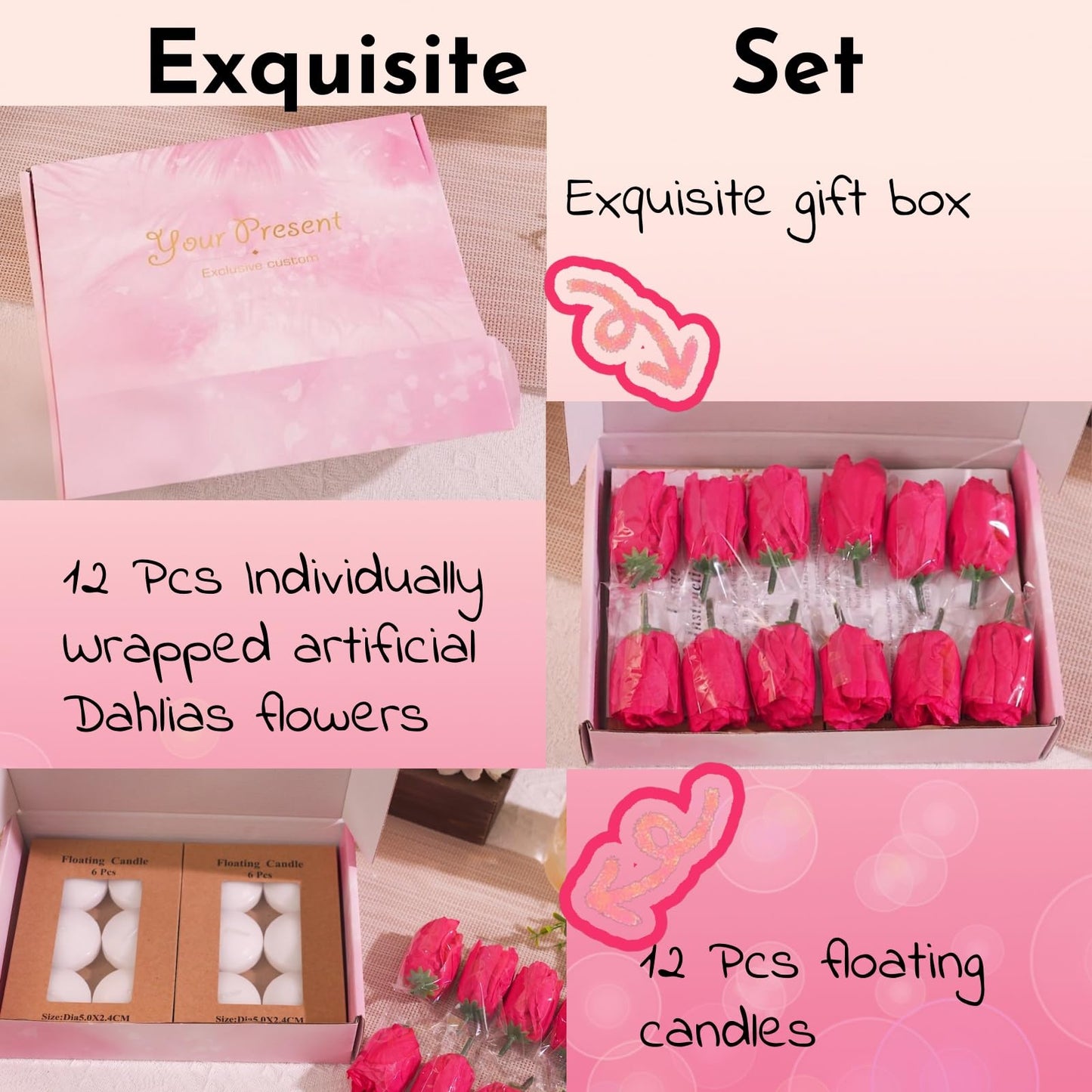 WPPNSY 24 Pcs Floating Candles for Centerpieces and Floating Flowers Artificial Flowers Head Vase Filler for Party Home Table Wedding Centerpieces Decoration (Champagne)