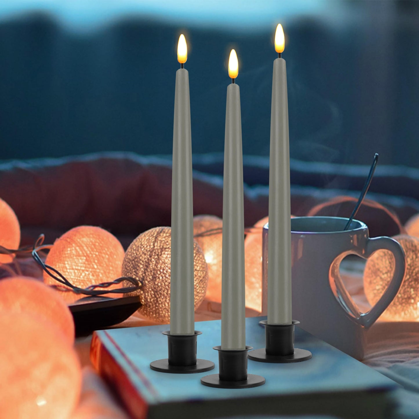 CVHOMEDECO. Flameless Taper Candles with 10-Key Remote, Battery Operated Led Flickering 3D Wick Window Candles Real Wax Finished Home Christmas Party Decor 0.78 x 11 Inch, Pack of 3, Grey
