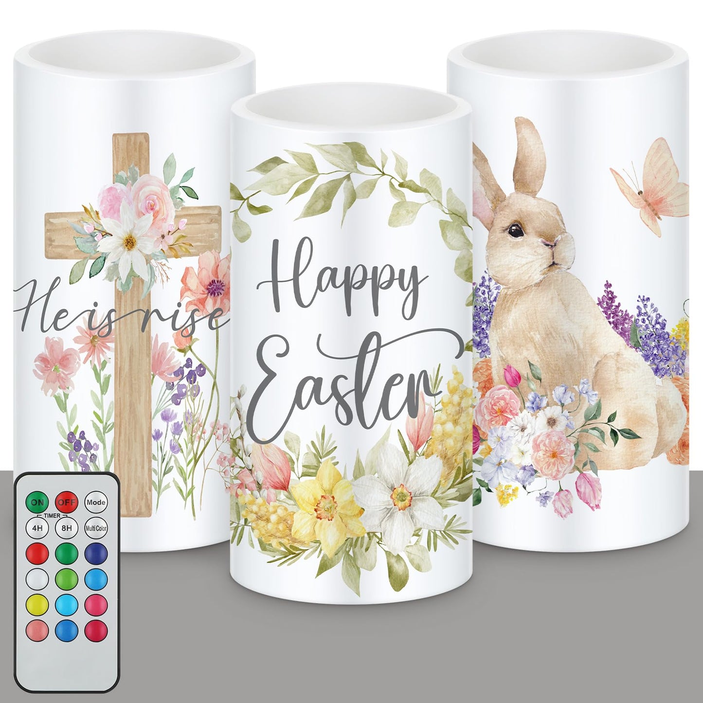 Retisee 3 Pcs Easter Flameless LED Candles Battery Operated Bunny Flower Spring Flickering Pillar Candles with Remote Rabbit Happy Easter Centerpiece for Bedroom Living Room Dinner Table Decoration