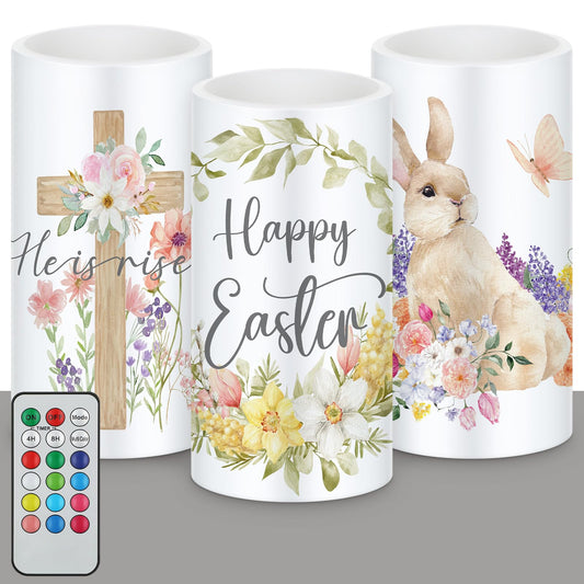 Retisee 3 Pcs Easter Flameless LED Candles Battery Operated Bunny Flower Spring Flickering Pillar Candles with Remote Rabbit Happy Easter Centerpiece for Bedroom Living Room Dinner Table Decoration