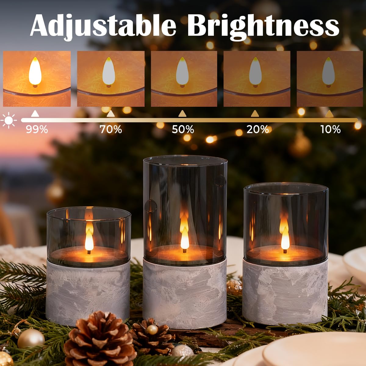 LEDHOLYT Rechargeable Marble Flameless Candles, Gray Glass LED Pillar Candle with Remote & Timer,Decorative Candles for Living Room, Bedroom, Holiday Décor & Gifts for Women,Set of 3