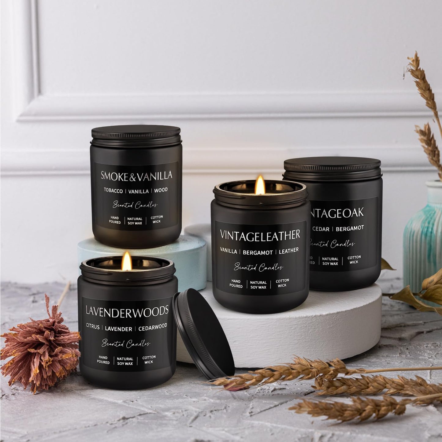 WPONSZU 4Psc Scented Candles Set,7oz Gifts for Men Aromatherapy,Soy Candle of Smokeless - Leather & Smoke, Vanilla Oakmoss, Lavender - Relaxing Fragrance for Home, Office, Yoga(Black)