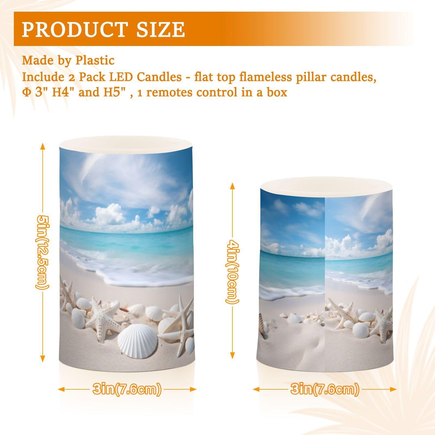 BOENLE Flickering Flameless Candles, Starfishes Seashells Beach Blue Sky LED Candles with Remote Timer, Set of 2 Battery Operated Candle for Valentine Wedding Birthday