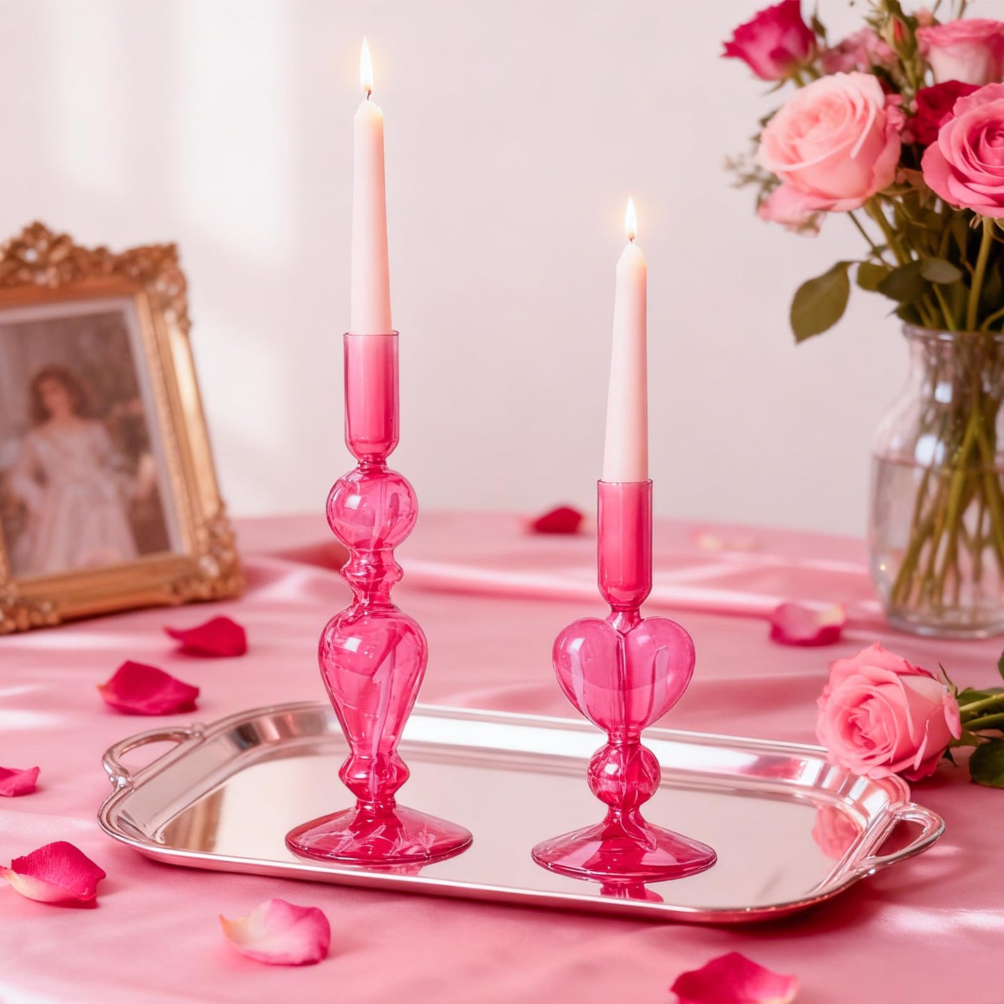 DN DECONATION Pink Glass Candle Holders Set of 2 – Heart Taper Candle Holders for Valentine's Day, Candlestick Holder Wedding Decorations, Farmhouse Home Coffee Table Decor & Housewarming Gifts
