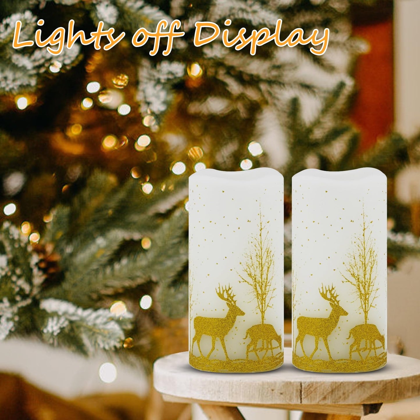 2Pack Christmas LED Flickering Flameless Candles, Battery Operated Wax Candles with Timer Remote, Flameless Pillar Candles with Forest Deer Decal for Home Decorations Christmas Gifts [Gold, 3"X6"]