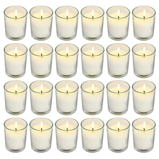 Soft Breeze 24 Pack Ivory Unscented Votive Glass Candles for Wishing, Hydrotherapy, Wedding, Birthday, Holiday, Party