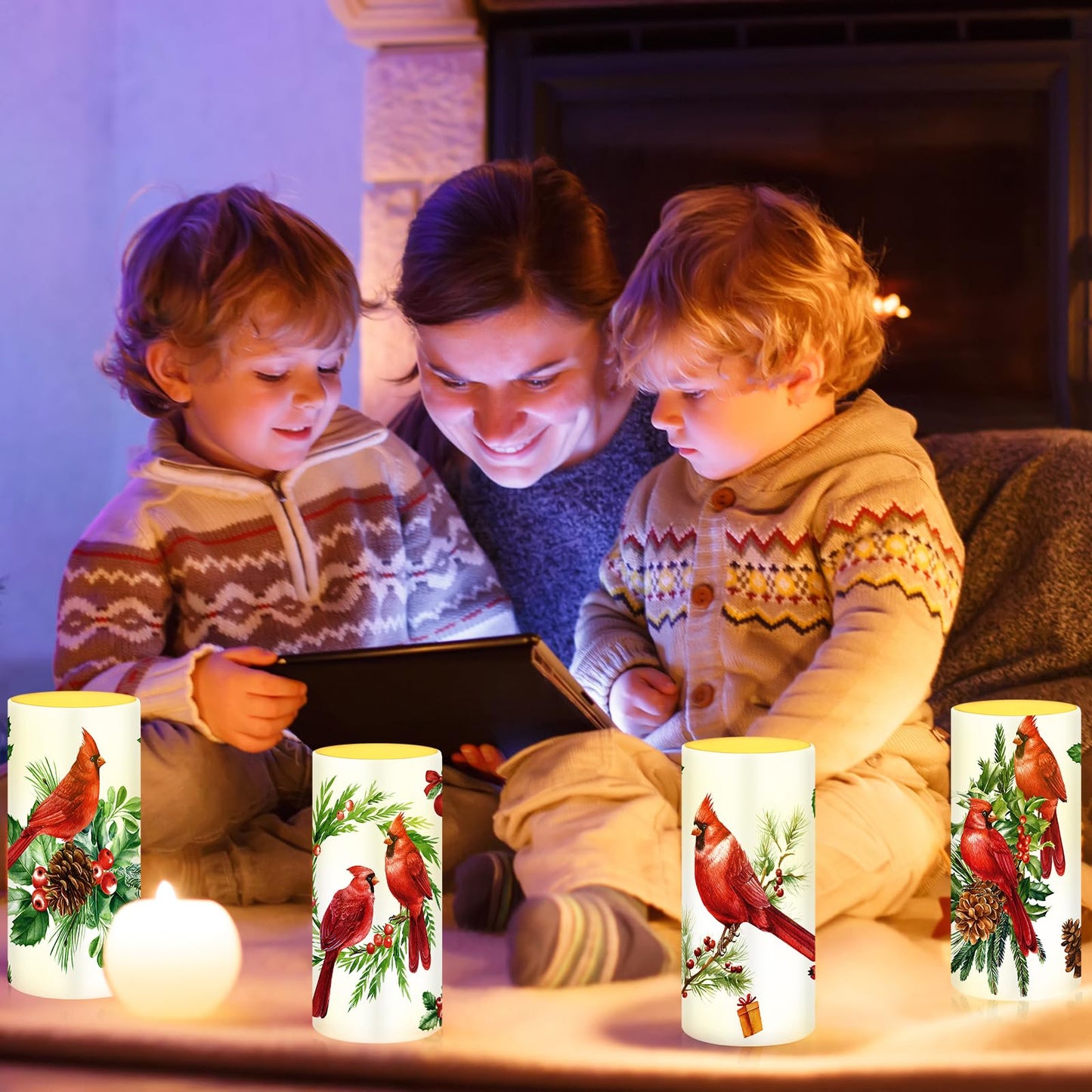 Tiamon 4 Pcs Christmas Red Bird Candles LED Bird Theme Flameless Candles Set LED Warm Light Flickering Xmas Pillar Decor for Holiday Table Decorations