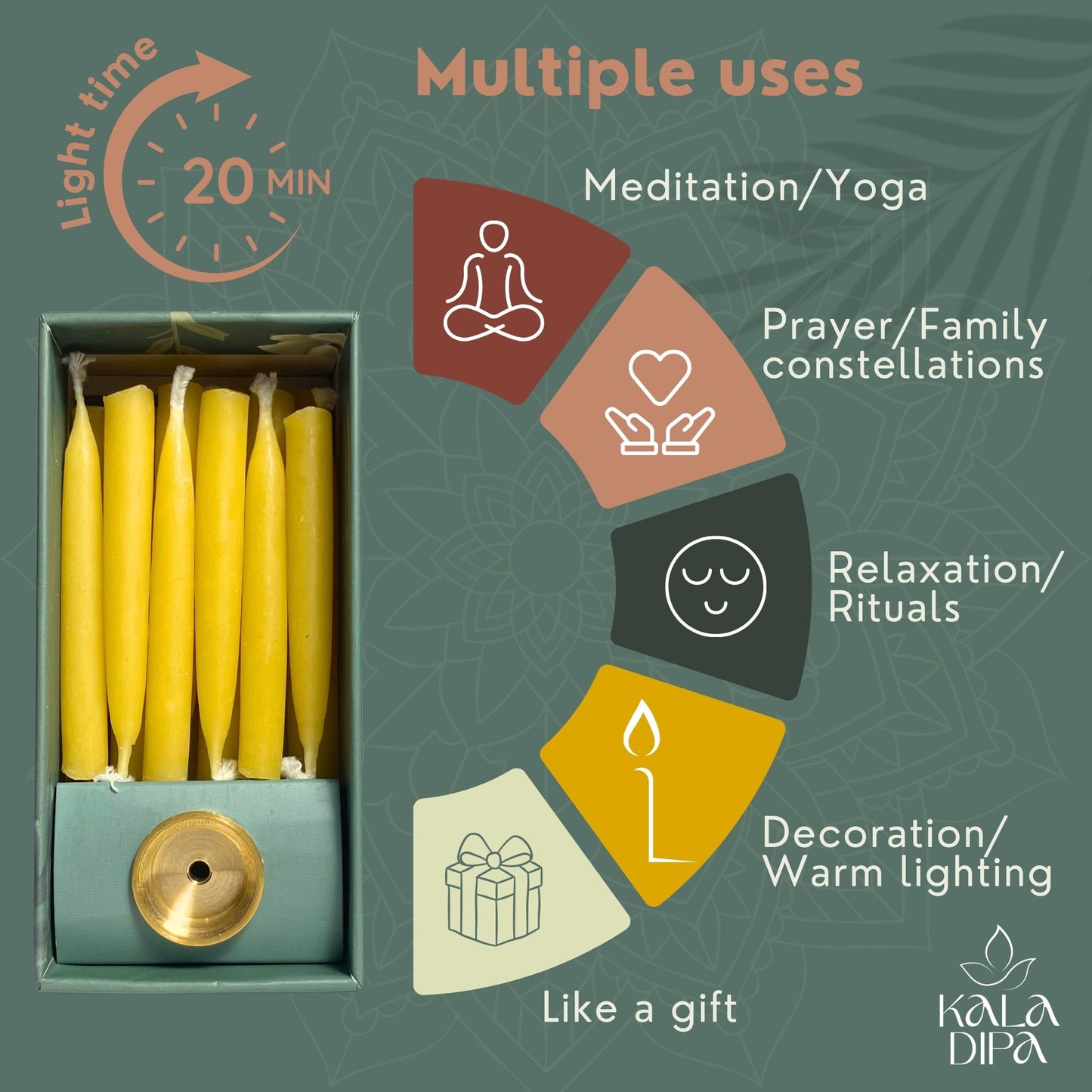 20 Minute Beeswax Meditation Candles – Set of 20 Mini Taper Candles with Brass Candle Holders, Dripless & Smokeless – Ritual, Yoga & Mindfulness Gift – KALA DIPA