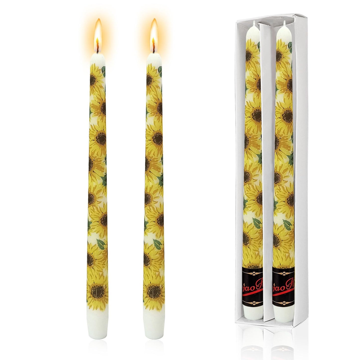 NJAO HOO Floral Candlesticks 10 in Straight Taper Candles Hand Printing Sunflower Candlesticks Floral Tall Tapered Candle for Home Garden Decor Simple Modern, 2Pcs
