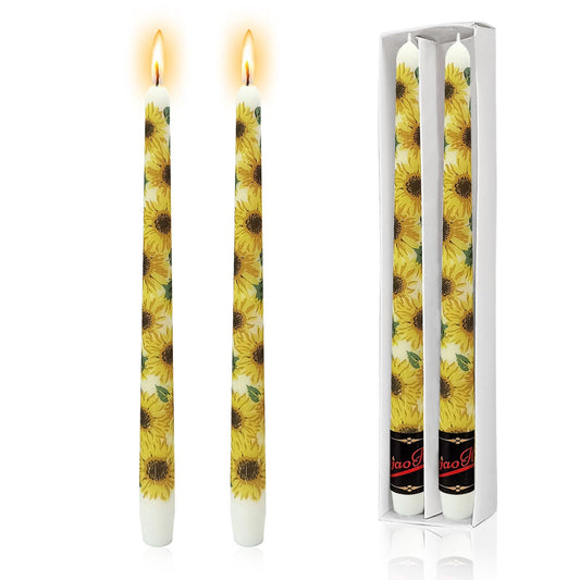 NJAO HOO Floral Candlesticks 10 in Straight Taper Candles Hand Printing Sunflower Candlesticks Floral Tall Tapered Candle for Home Garden Decor Simple Modern, 2Pcs