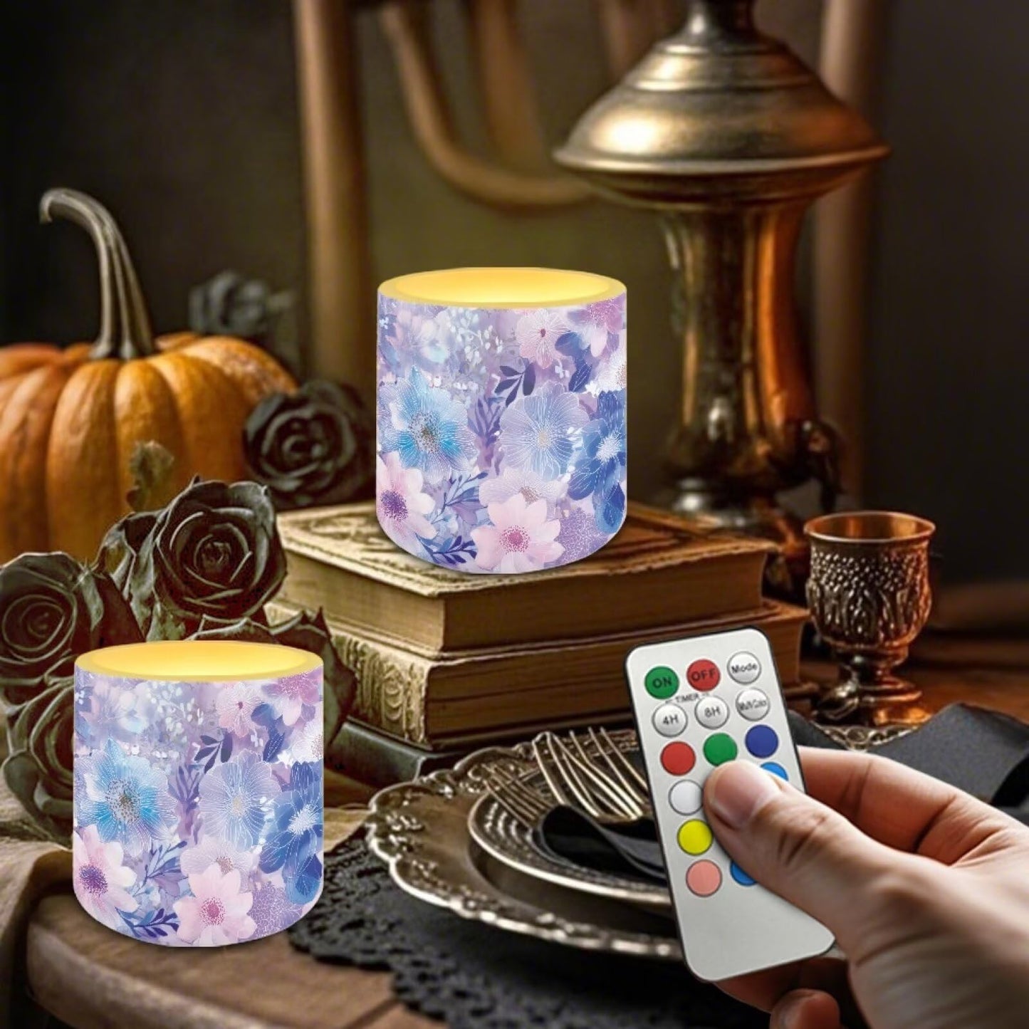 Cozeyat Purple Floral Flameless Candles 4 Pack Battery Operated with Remote Control Timer LED Pillar Candles Waterproof for Indoor Outdoor Home