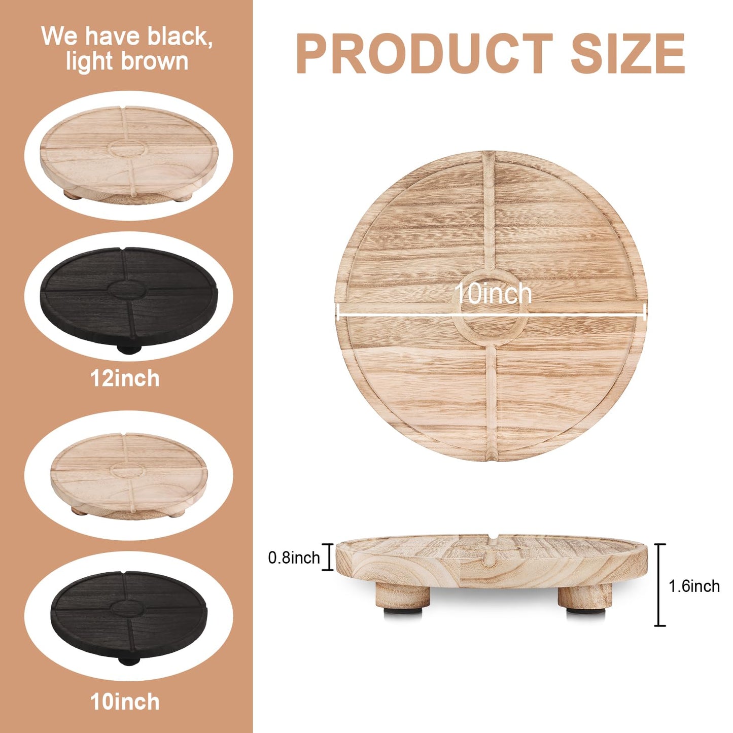 10'' Round Wooden Tray Pedestal Stand, Farmhouse Bathroom Decor Riser for Soap Dispenser, Perfume, Candle, 10'', Light Brown