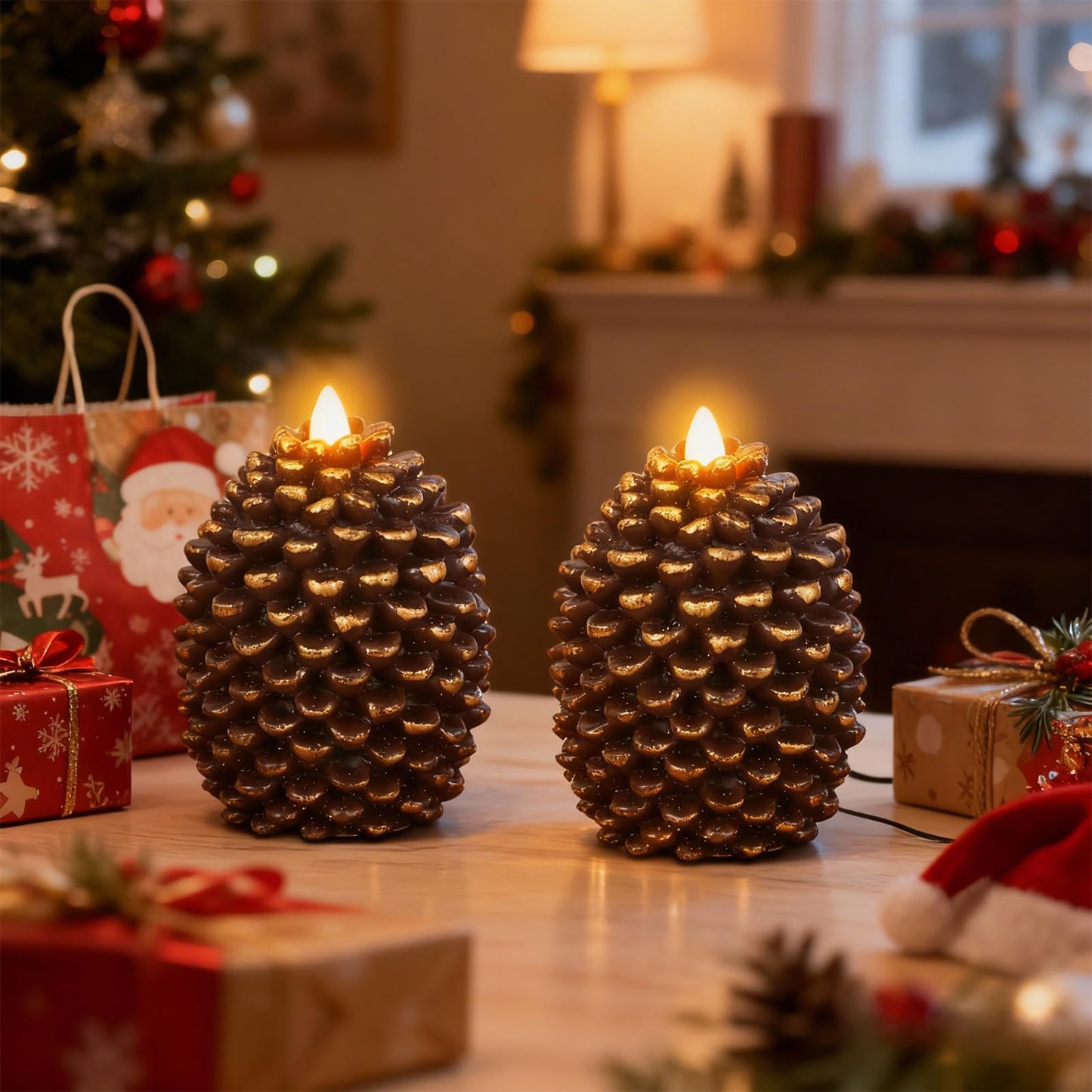 Eldnacele Pine Cone Flameless Candles Battery Operated with 6 Hour Timer Unscented Real Wax Flat Wick Flickering Pinecone LED Candles Christmas Home Holiday Decoration(2 Pack Brown)