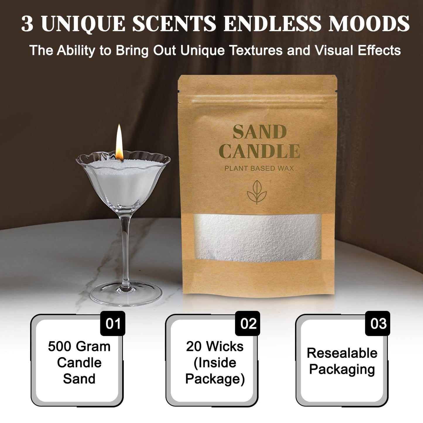 Gkweres Candle Sand with Wicks, 1.1LB Pearled Candle, DIY Bead Powder Sand Wax Making kit Included 20 Pcs Wicks, Refillable, for Handmade, Wedding and Party Decorations (Sandalwood Bamboo Gardenia)
