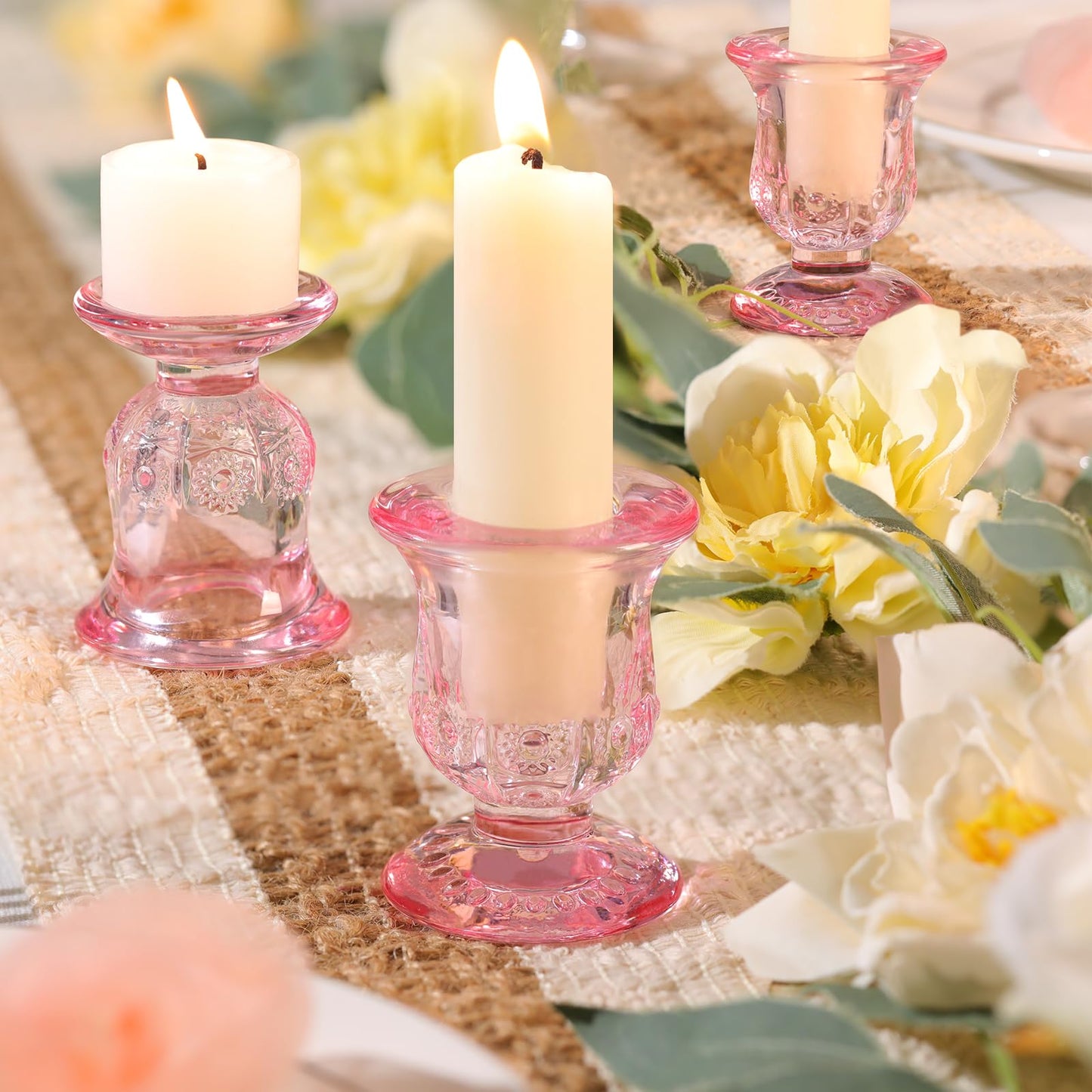 sunnyfuture 10pcs Pink Candlestick Holders, Glass Taper Candle Holders for Table Centerpiece Decor, Wedding, Valentine's Day, Mother's Day, Party Gift