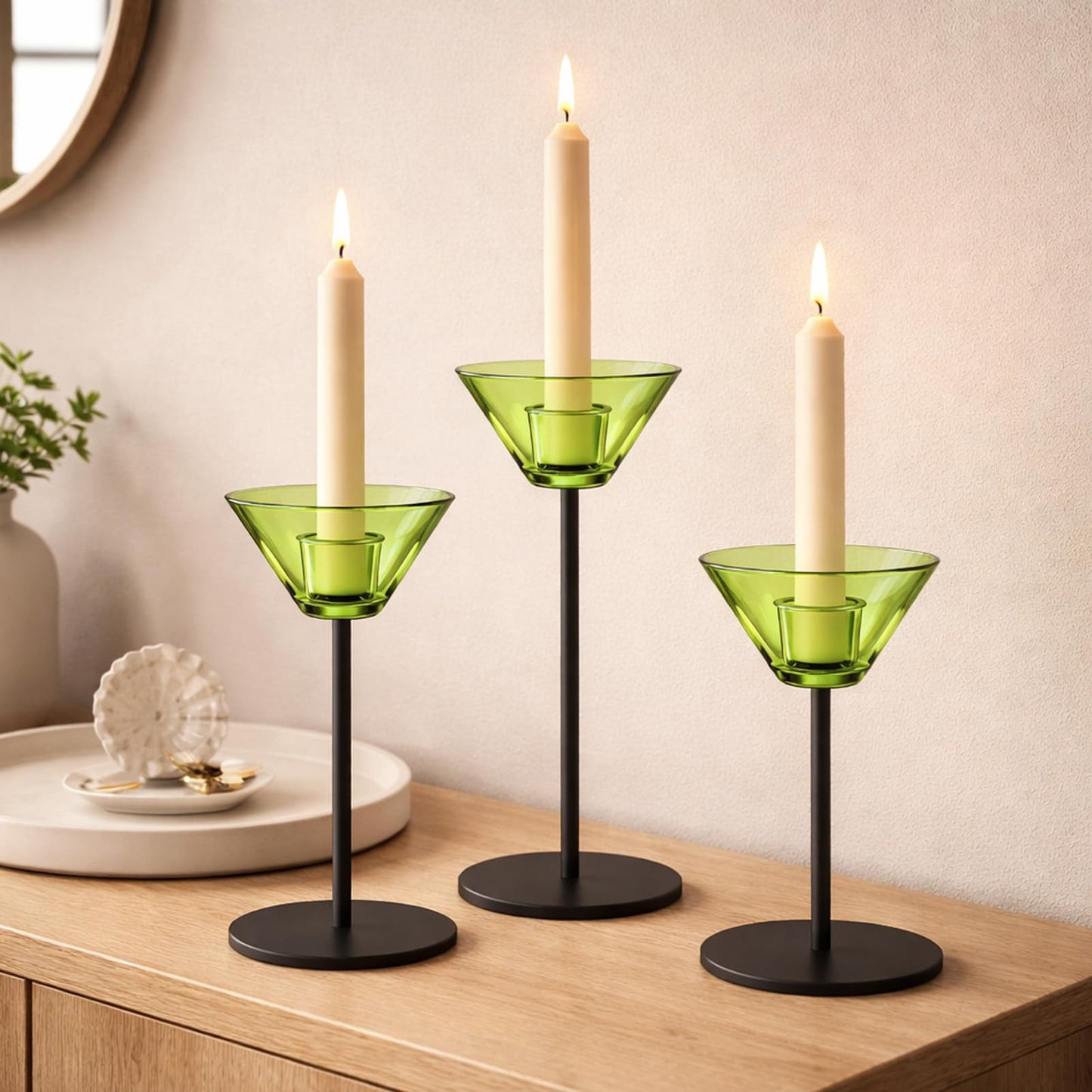 Smytle Emerald‑Green Glass Candlestick Holders, Green Tea Light Candle Holders with Weighted Matte‑Black Metal Base, Botanical Table Decor for Dining, Wedding & Holiday