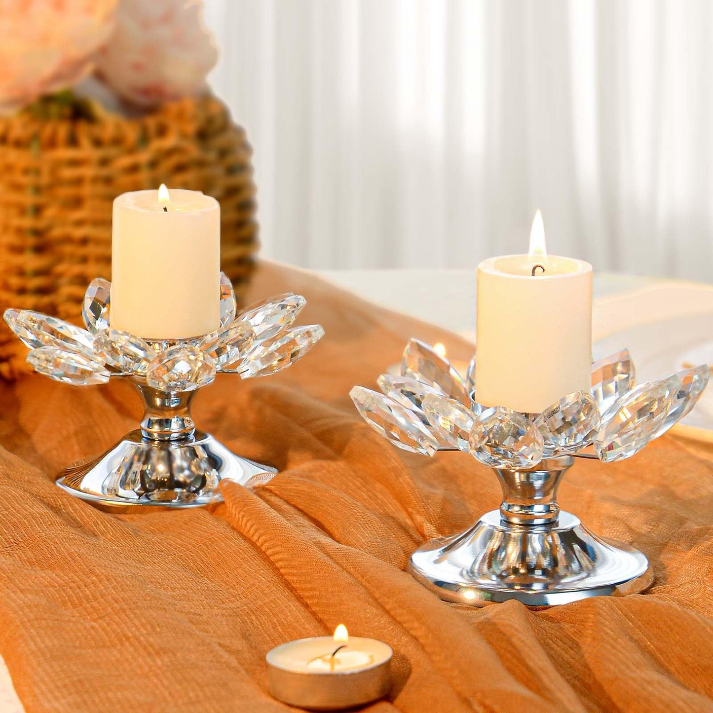 12 PCS Silver Crystal Flower Tea Light Holder, Bulk Glass Tealight Candlestick with Metal Base, Votive Candle for Table Centerpiece, Wedding,Parties Decor, Nice Gift
