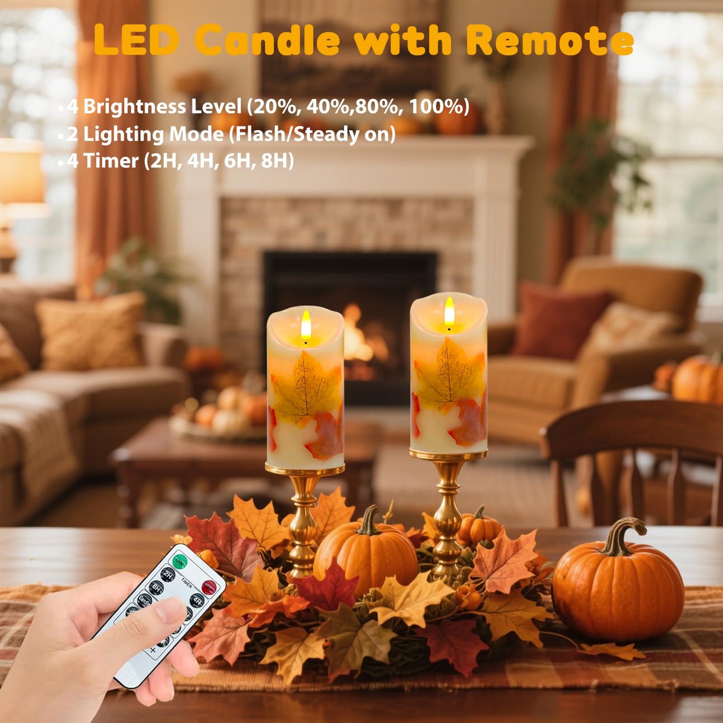 Flameless Candles Light, Set of 2 6"x3" Maple Leaf Flickering LED Candles with Remote & Timer, Dimmable Electric Pillar Candles Battery Operated, Fall Candles for Thanksgiving Harvest Autumn Decor