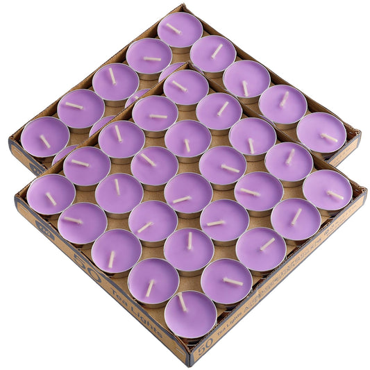 Dyrfolm 100 Pack Tea Lights - Smokeless, Unscented, Dripless & Long Lasting Mini Tealight Candles for Home, Weddings, Parties (Purple)