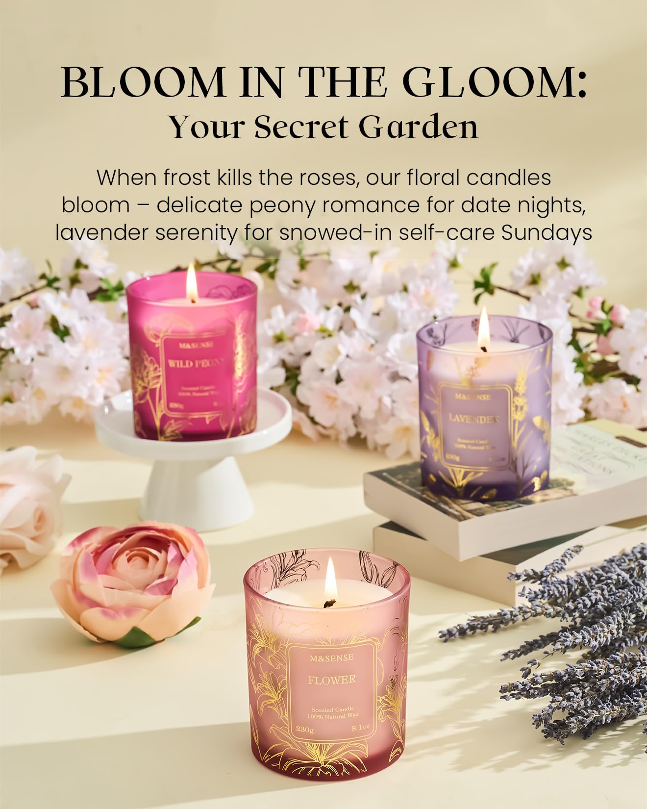 M&SENSE Floral Scented Natural Soy Candles, Romantic Flower Stress Relief Aromatherapy Candle for Women, 8.1oz 42-Hour Non Toxic Natural Candle Gifts for Women