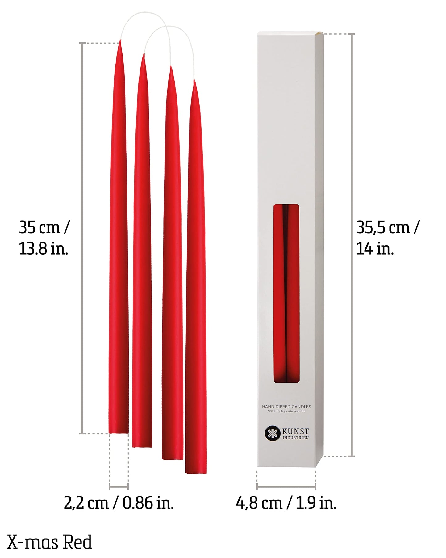Kunstindustrien® Taper Candles, Set of 4, 13.8" – Made in Denmark, Long Burning Candles 15h, Unscented & Smokeless Candlesticks – Elegant Tall Candles for Weddings Dinners & Home Decor (Christmas Red)