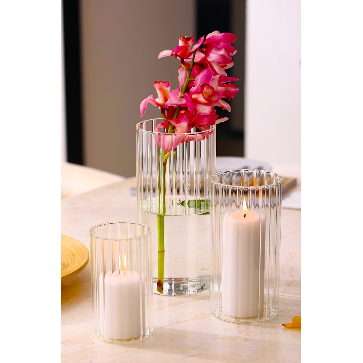 PHOSPHOR 6 PCS Ribbed Glass Candle Holder, Cylinder Candle Holders for Pillar Candles, Clear Glass Hurricane Candle Holders 6'', 8'', 10'' Glass Cylinder Centerpieces Vases