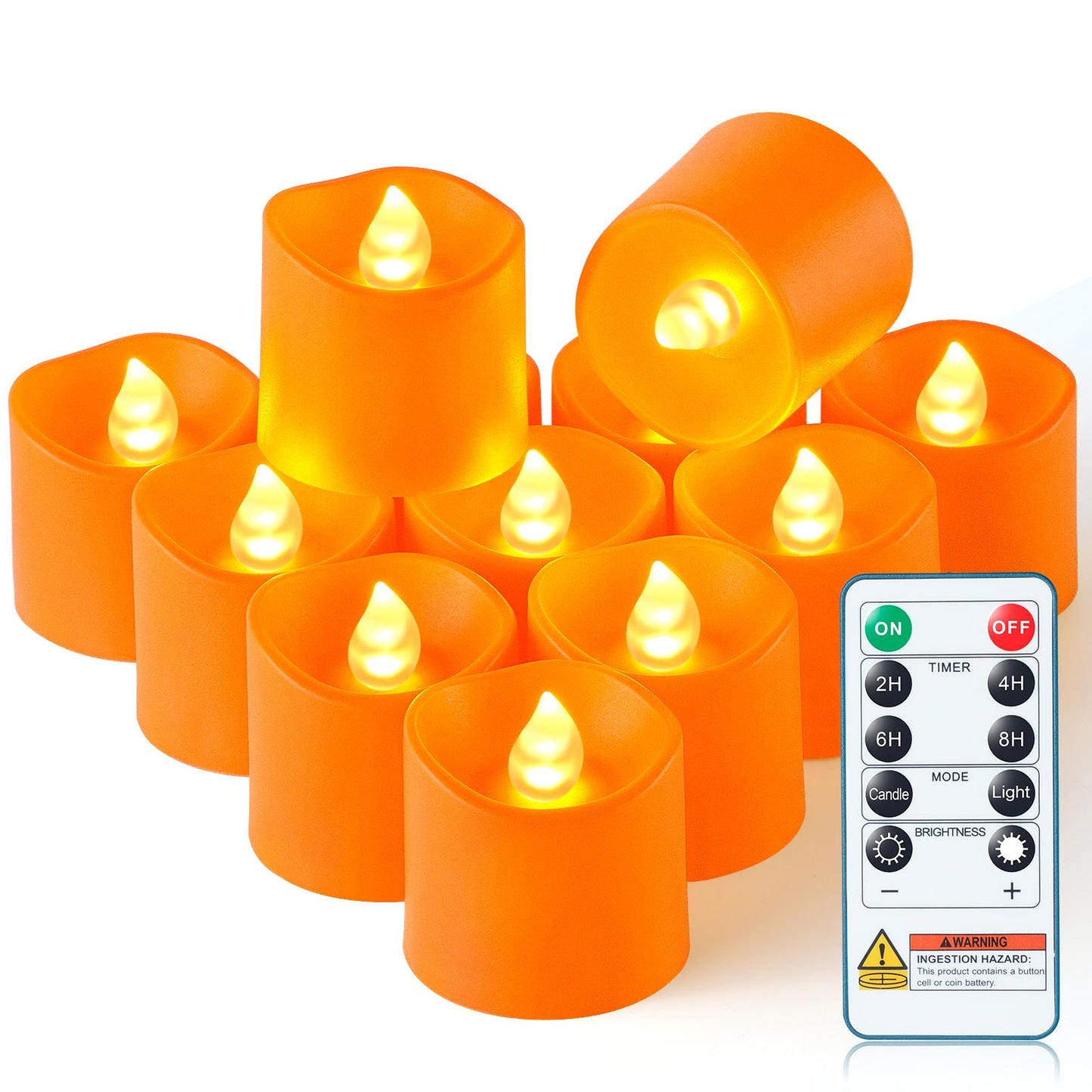 Homemory 12Pack 400+Hour Remote Control Flameless Candles, 2/4/6/8H Timer Led Votive Candles, Battery Operated Tea Lights for Wedding Table Centerpiece, Holidays, Halloween Pumpkins-Orange