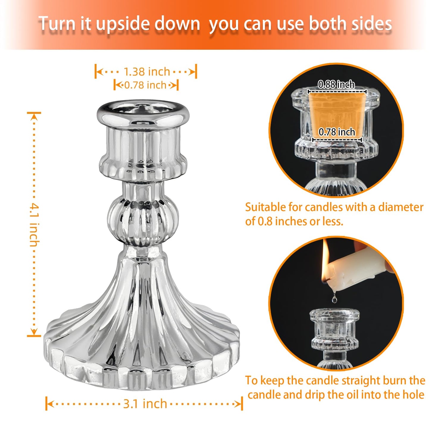 ECHFSM Glass Candlestick Holder,Striped Taper Candle Holders,Set of 6 Candle Stand for Table Centerpieces, Home Decor,Weddings,Festival and Parties (Silver Stripe)