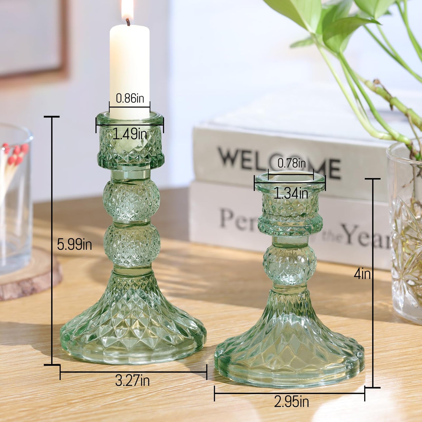 DARJEN Green Glass Candlestick Holders Set of 6, 4" H & 5" H Taper Candle Holders for Candlesticks & Pillar Candles, Diamond Candle Holders for Wedding Party Table Centerpiece, Home Decor