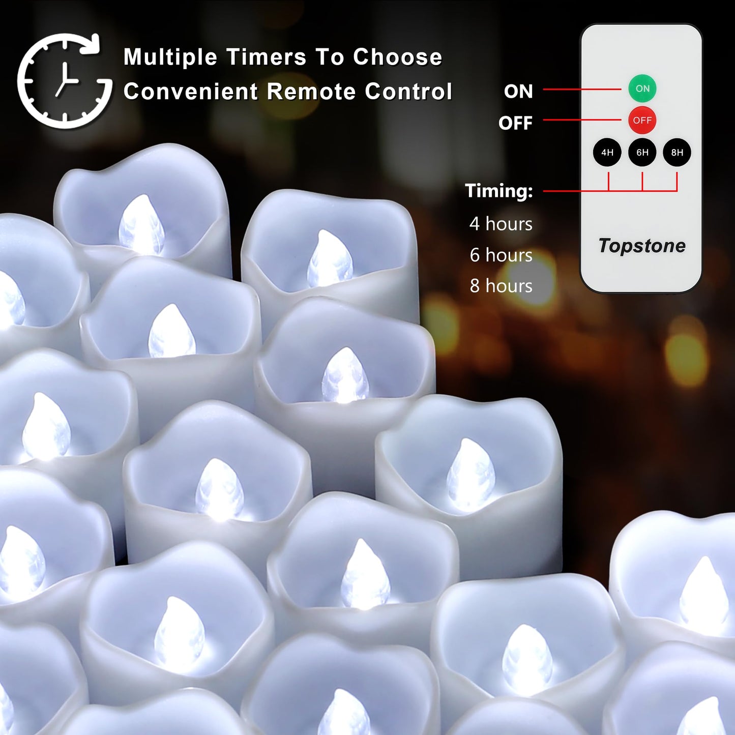 Topstone Flameless Electronic Candle Lights with Remote Control, 400 Hour Battery Life, Cold White LED Realistic Flickering Candles for Home Decor, Wedding, Christmas, Votive, Jar, Centerpiece