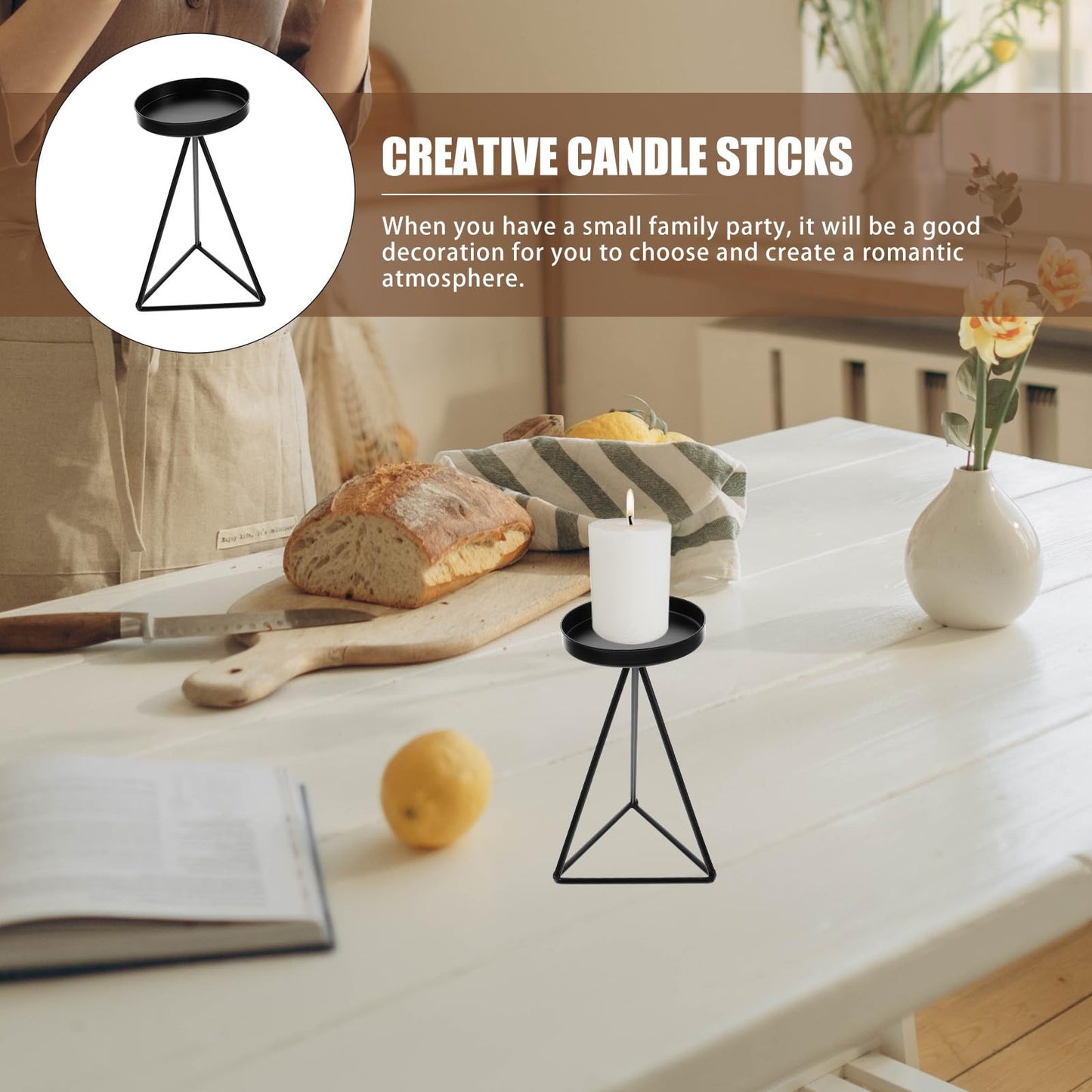 Ipetboom Geometric Iron Hollow Candlestick Holder Black Triangular Candle Pedestal for Dining Table Home Decor