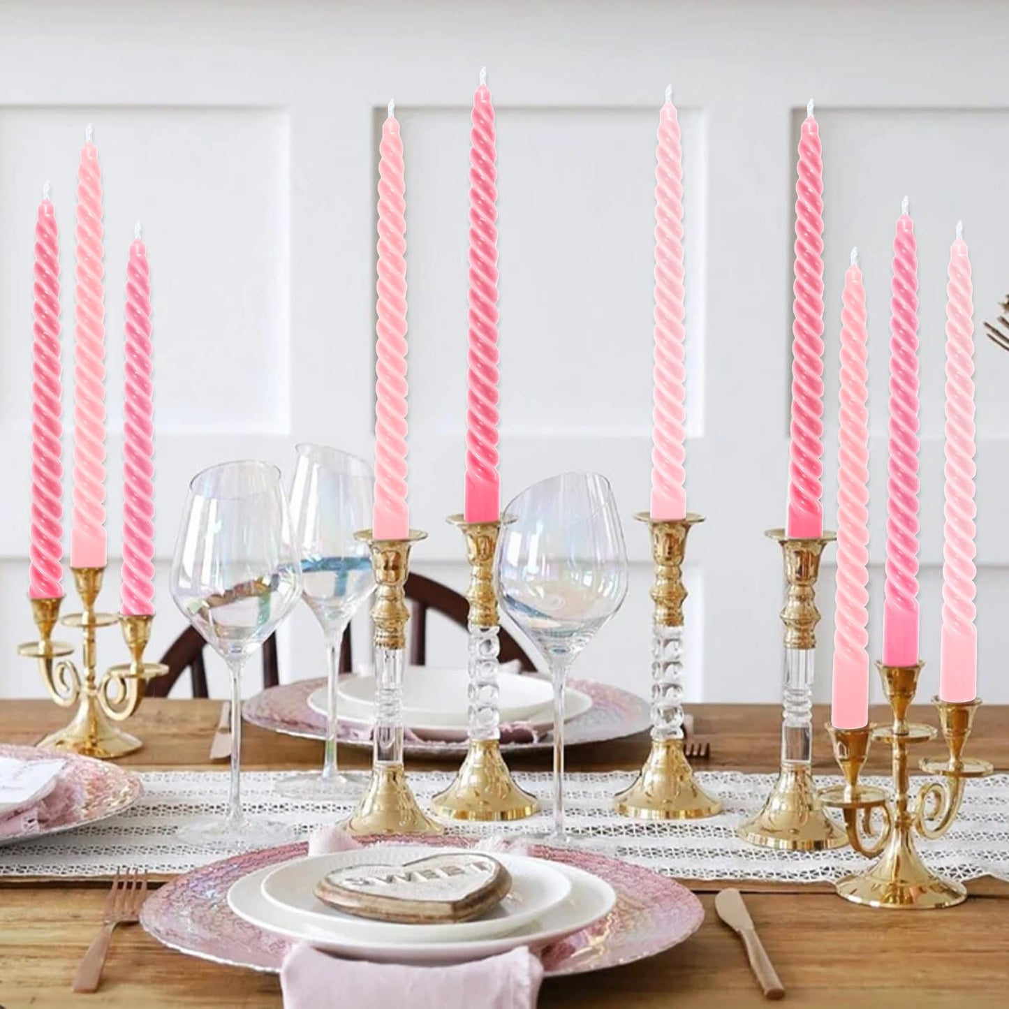 Whaline 8 Pcs 10 Inch Gradient Pink Spiral Taper Candles Dripless Twisted Wax Candles Long Unscented Candle Sticks for Valentine's Day Wedding Party Home Dining Table Decor