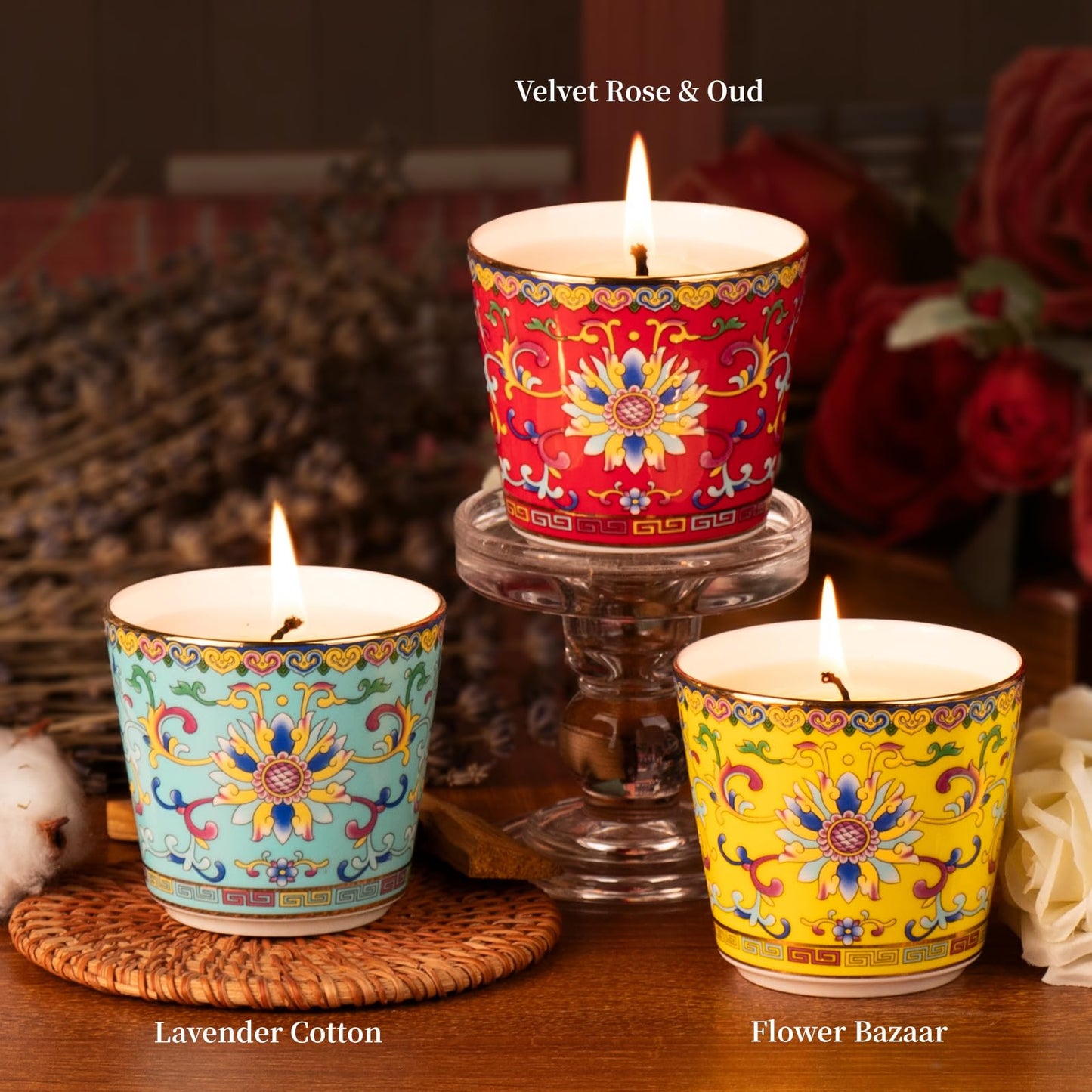 KONNI Scented Candles Gifts Set of 3 for Women Men 19 oz Soy Wax Candles Lotus Ceramic Jar Candle 90 Hours Long Lasting Floral & Woody Scents for Christmas, SPA Relaxation, Home Decor