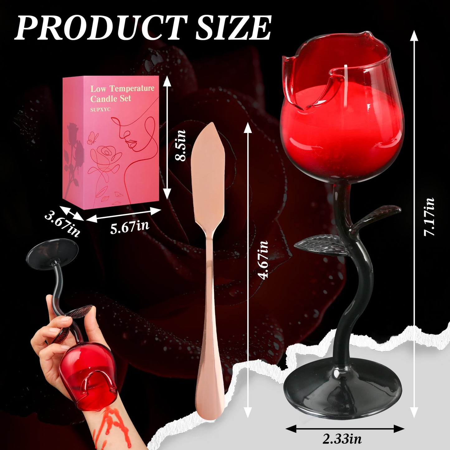 SUPXYC Low Temperature Candle Set, Romantic Valentine's Day Candles, Rose Flower Wine Glasses Candle, Valentine's Day Scented Candle Gift with Scraper Ribbon Roses Petals (Red Rose)