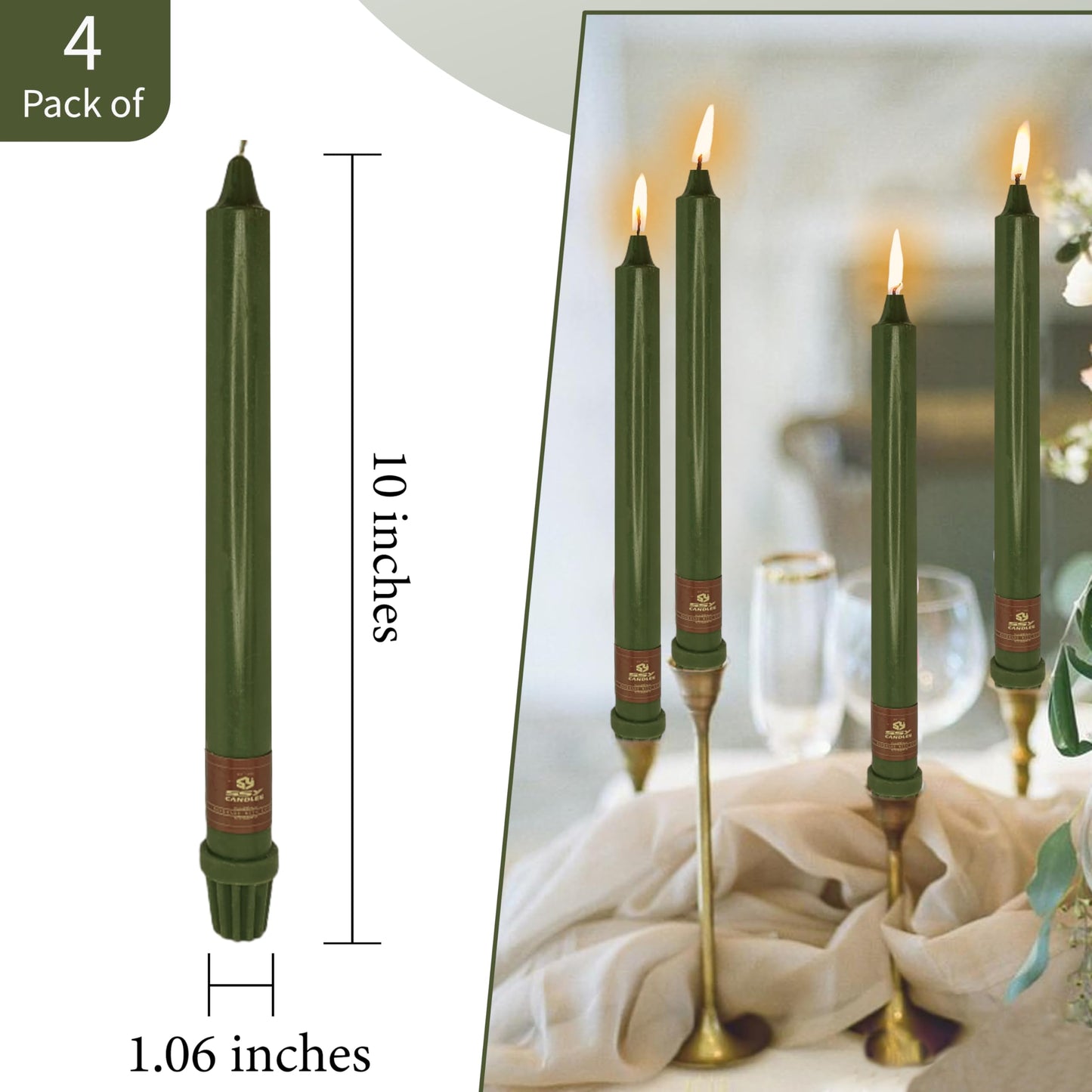 Olive Green Taper Candle 10 Inch Long Candlesticks Unscented Dripless Tapered Candle Set for Home Decor Wedding Party Dinner Candles, 4 Pack
