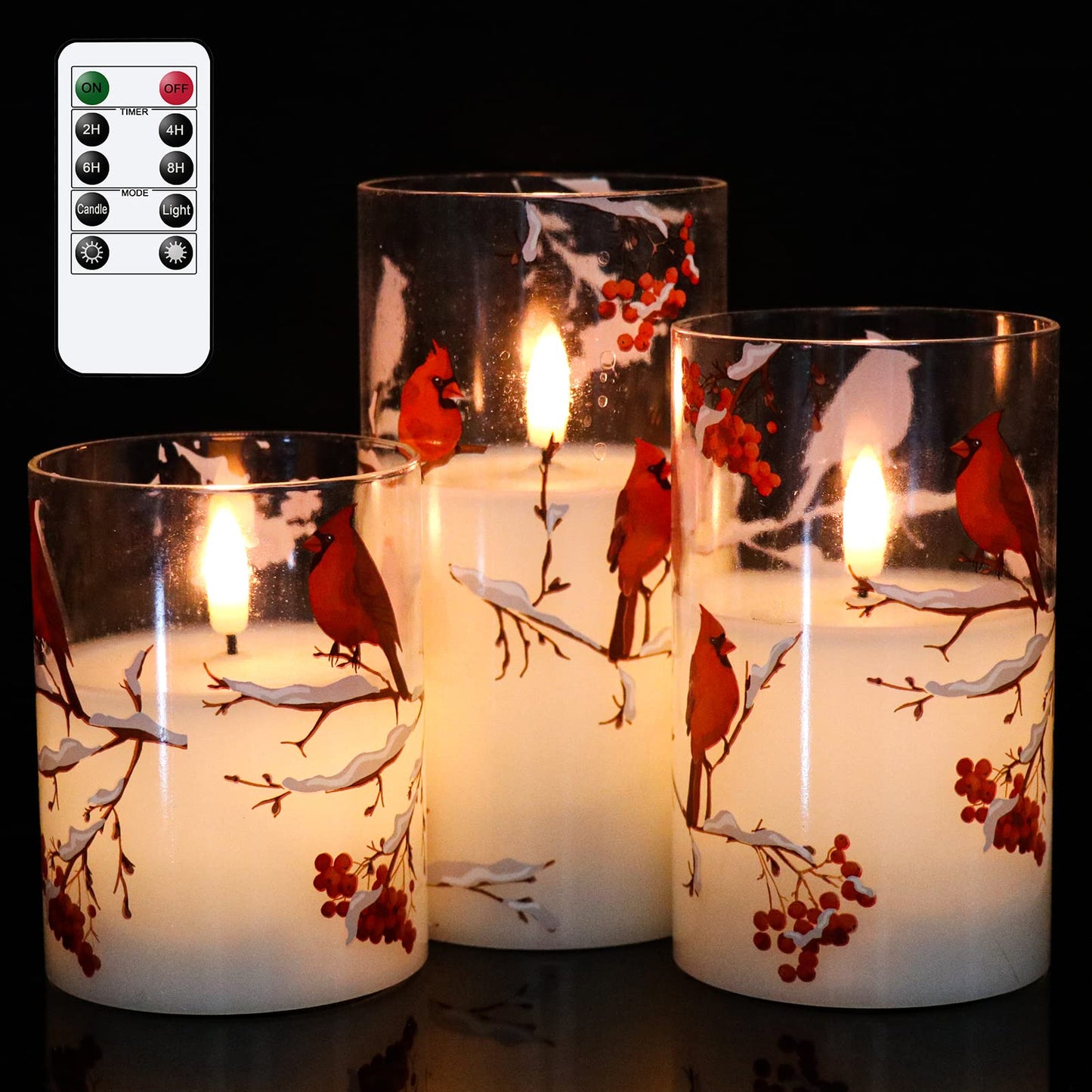 KunSwenn Cardinal Flameless Candles with Remote, Red Bird Glass Battery Operated Candles, Real Wax LED Candles with Flickering Flame, Cardinal Decor Gifts for Women Wedding Home(Pack of 3, 3”x4”5”6”)
