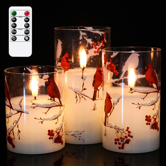 KunSwenn Cardinal Flameless Candles with Remote, Red Bird Glass Battery Operated Candles, Real Wax LED Candles with Flickering Flame, Cardinal Decor Gifts for Women Wedding Home(Pack of 3, 3”x4”5”6”)