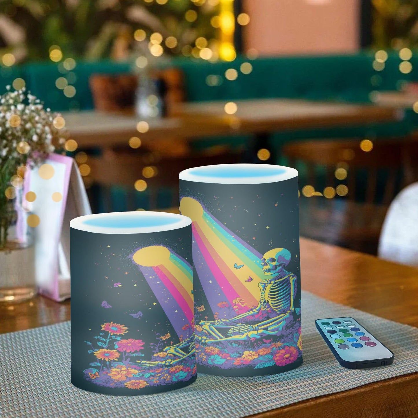 ALAZA Flameless Candles with Remote Timer,Rainbow Skull Battery Operated Candles Set of 2 LED Tea Lights Flickering Pillar Votive Candles for Indoor Outdoor Decor