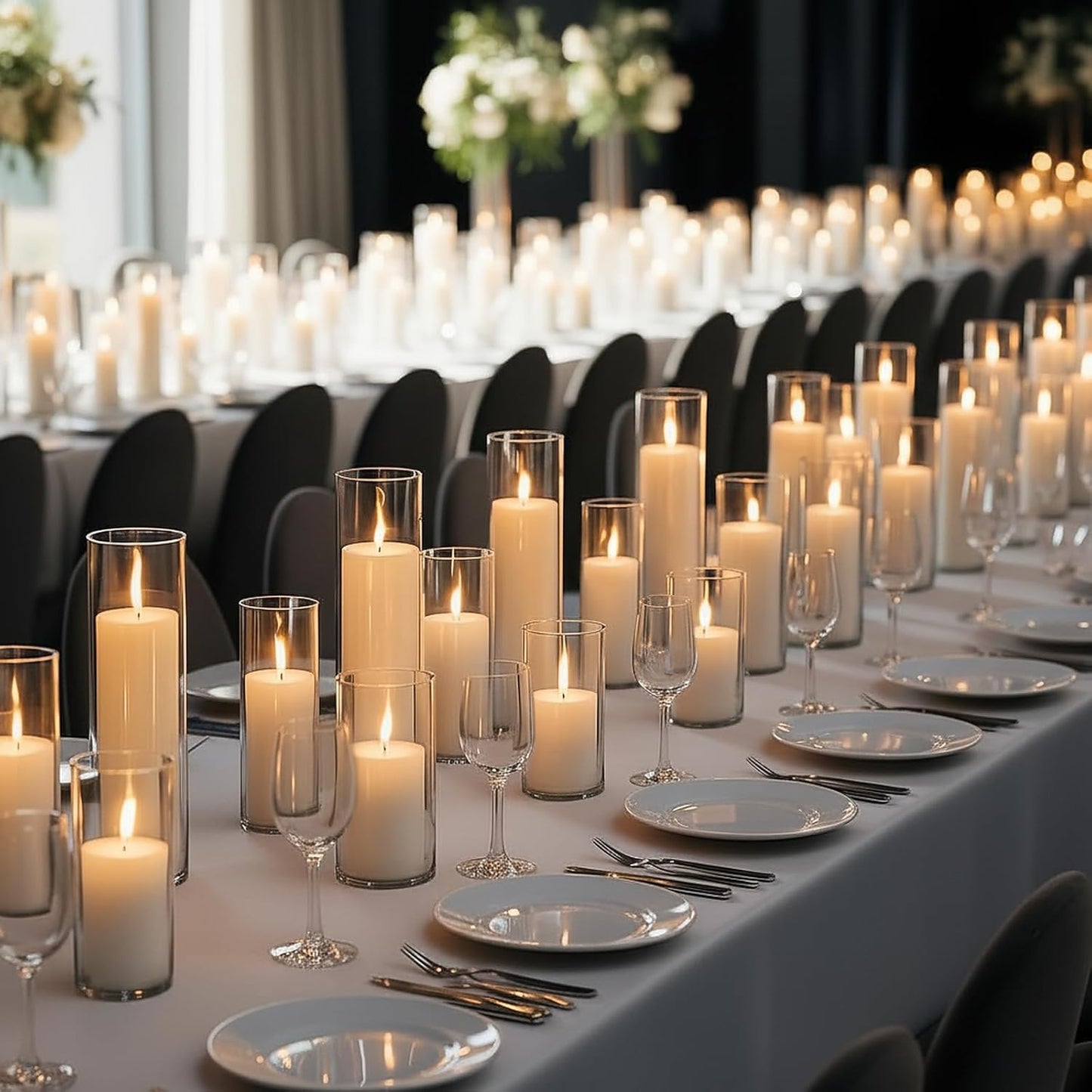 Trxvxo 24 PCS White Pillar Candles (2''X3,4,6) and Glass Cylinder Vases(2.6''X5,6,8),Hurricane Candles,Perfectly Sized for use as a Centerpiece Candle Decoration on Wedding Tables!