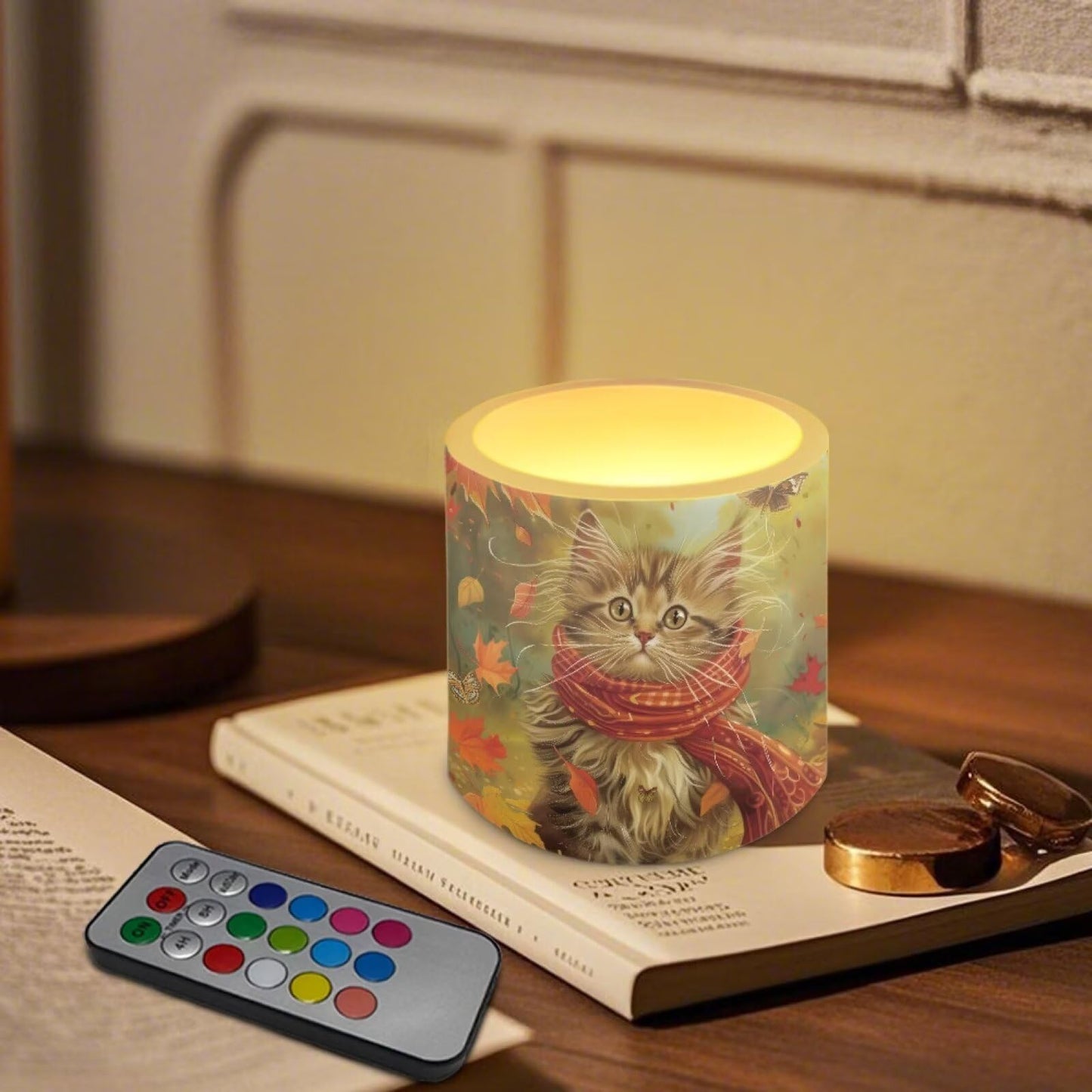 Cozeyat Autumn Cat Flameless Candles 4 Pack Battery Operated LED Pillar Candles with Remote Control Timer Waterproof for Indoor Outdoor Home