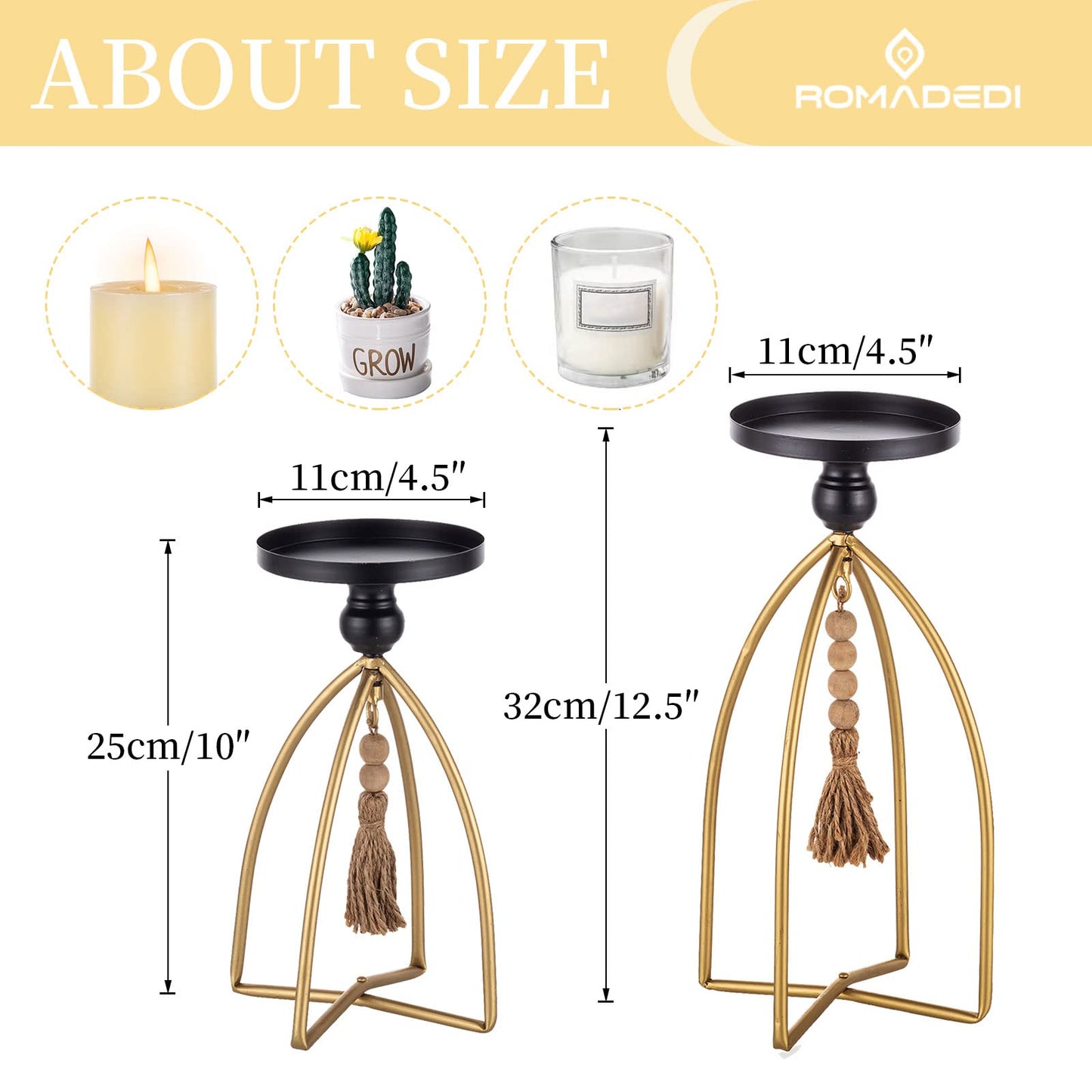 Romadedi Candle Holder Boho Decor - Set of 2 Metal Pillar Candle Stand with Beads for Living Room Mantle Shelf Farmhouse Table Centerpiece for Rustic Chic Home Decoration
