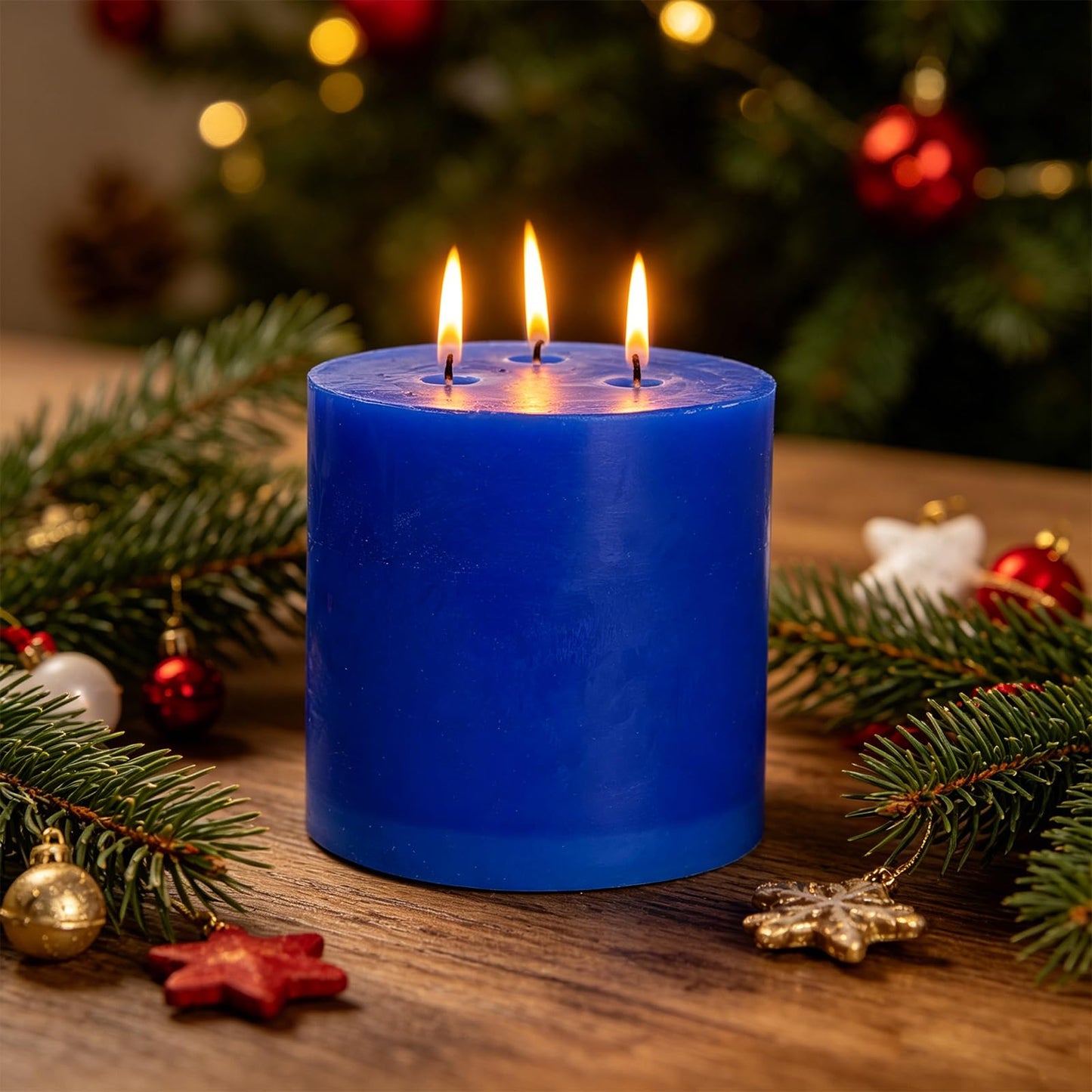 6" x 6" Blue Hand-Poured Candle, Dripless & Clean Burning (120 Hours), Unscented Rustic Pillar, Perfect for Men's Gift, Nautical Theme Weddings, Blue & Gold Party Decor