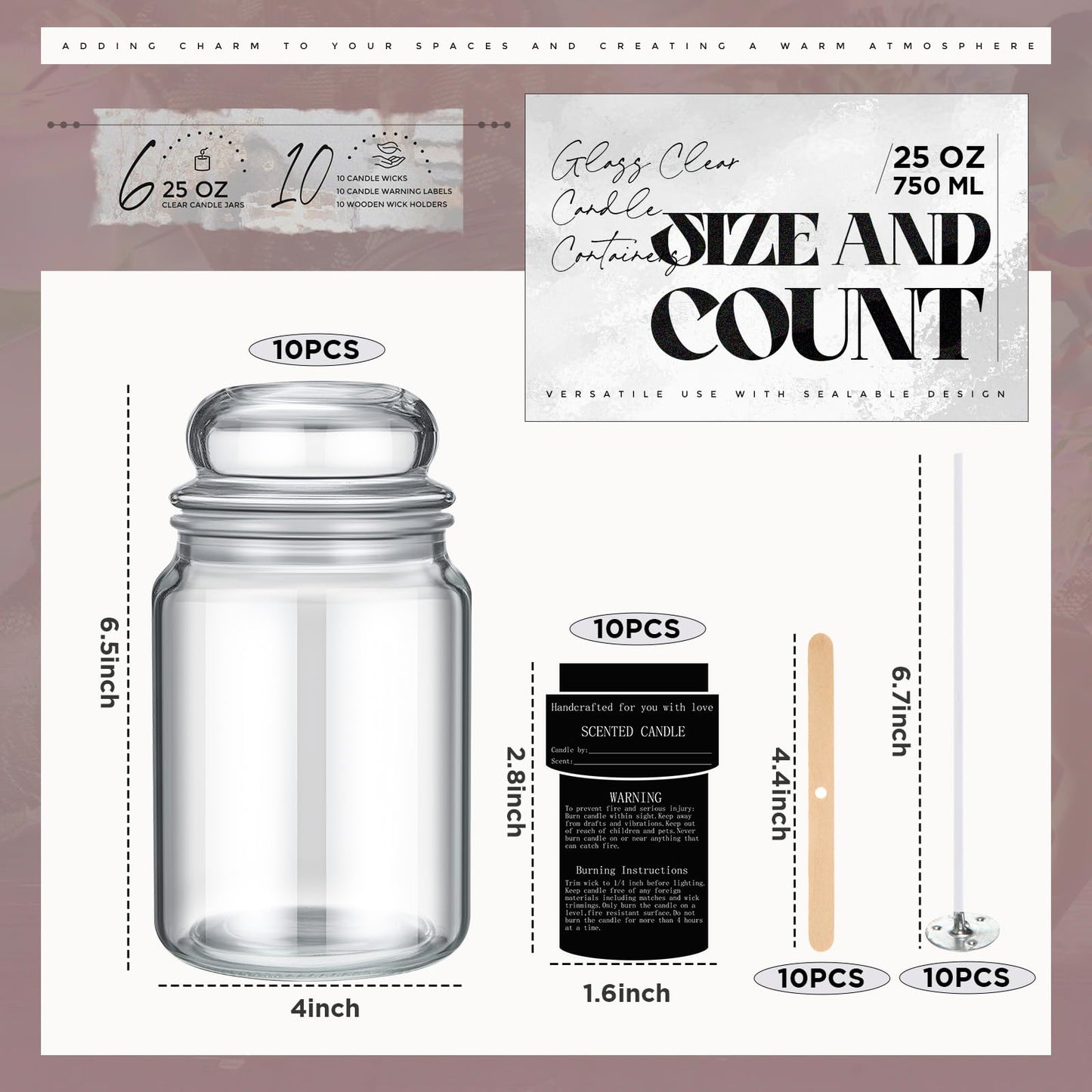 Ziliny 6 Pack 25 oz Glass Candle Jars with Airtight Lids Large Thick Clear Candle Containers with 10 Warning Labels Wooden Wick Holders