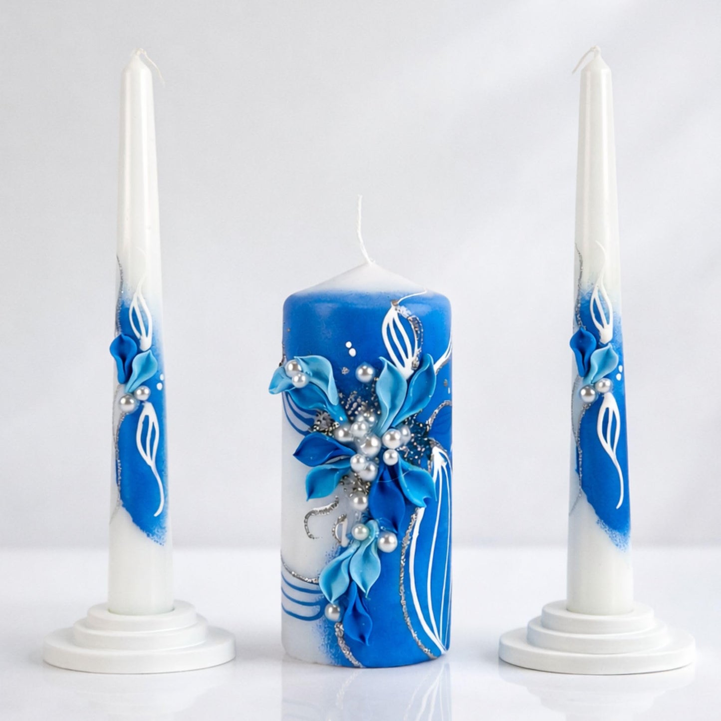 Magik Life Unity Candle Set - Wedding Ceremony & Reception – 6” Pillar & Two 10” Taper Candles – Long Burning Unity Candles for Marriage Ritual – Handmade in USA –White | Royal Blue
