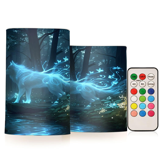 ALAZA Flameless Candles with Remote Timer,Forest Mysterious Blue Wolf Battery Operated Candles Set of 2 LED Tea Lights Flickering Pillar Votive Candles for Indoor Outdoor Decor