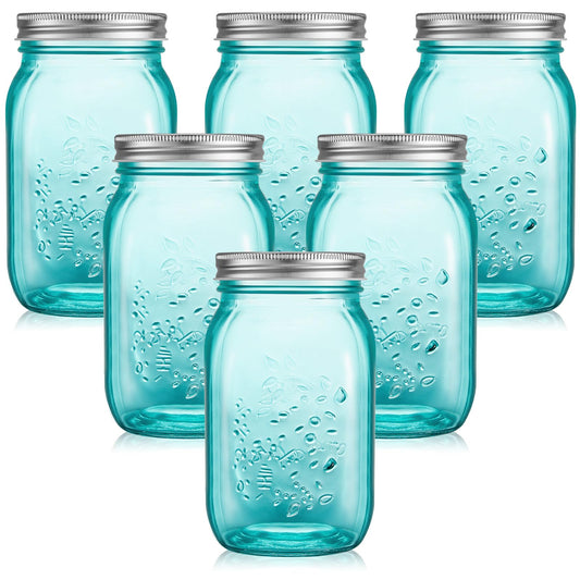 Yinder 6 Pack 32 oz Mason Jars with Lids Bulk, Durable Wide Mouth Vintage Color Glass Canning Jars for Storage Canning Fermenting Pickling DIY Crafts & Decor, Dishwasher Not Allowed(Turquoise)