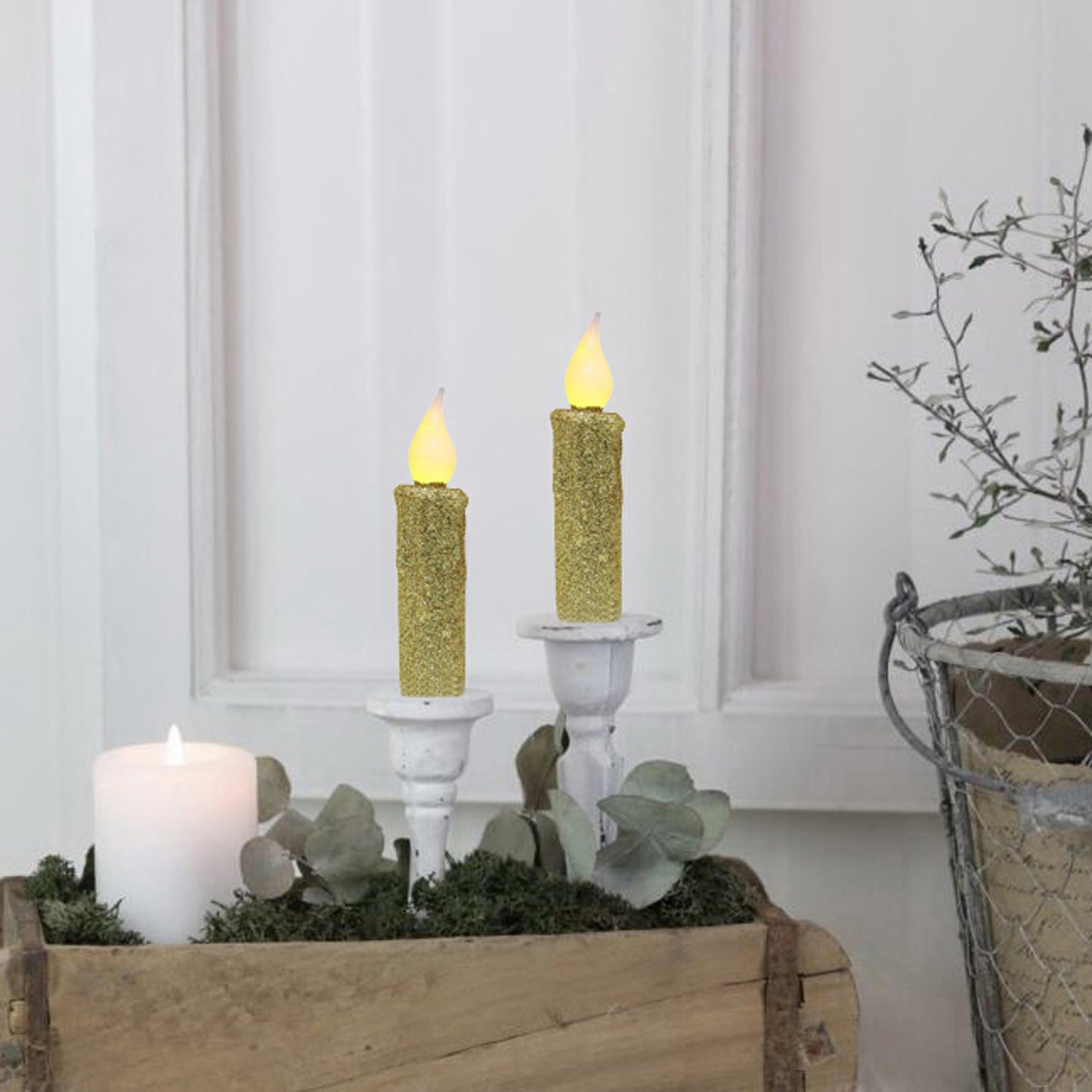 CVHOMEDECO. Glitter Flameless Candles Flickering Battery Operated LED Taper Candles with Timer for Home, Wedding, Halloween, Christmas Decor. Gold, 4-3/4 Inch, Set of 2