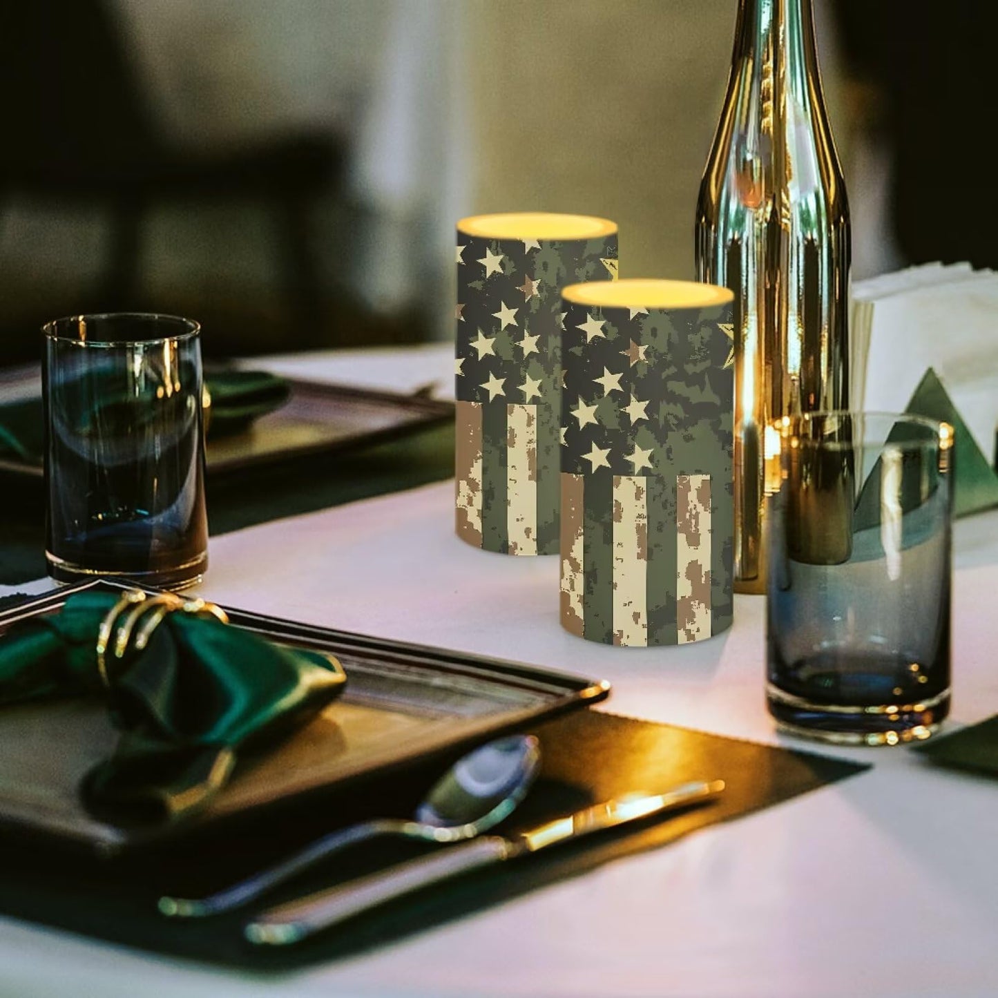 Luarisgur Flameless Candles LED American Flag Decorative Candles Battery Operated Ornage Flickering Candles with 18-Key Remote Timer Pillar for Home Living Room Party Table Decorations